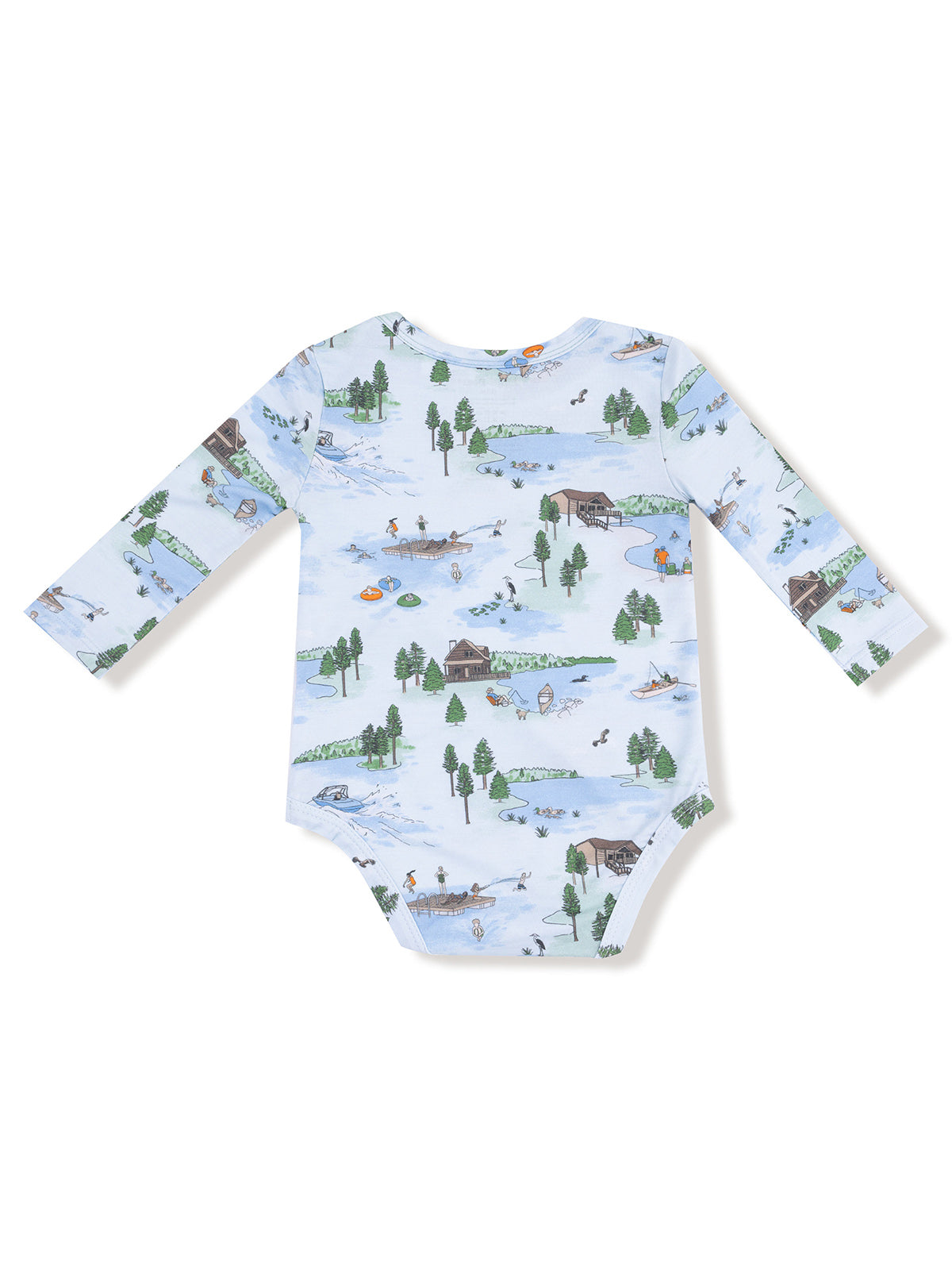 Baby onesie with long sleeves featuring a scenic outdoor design of lakes, trees, and playful activities.