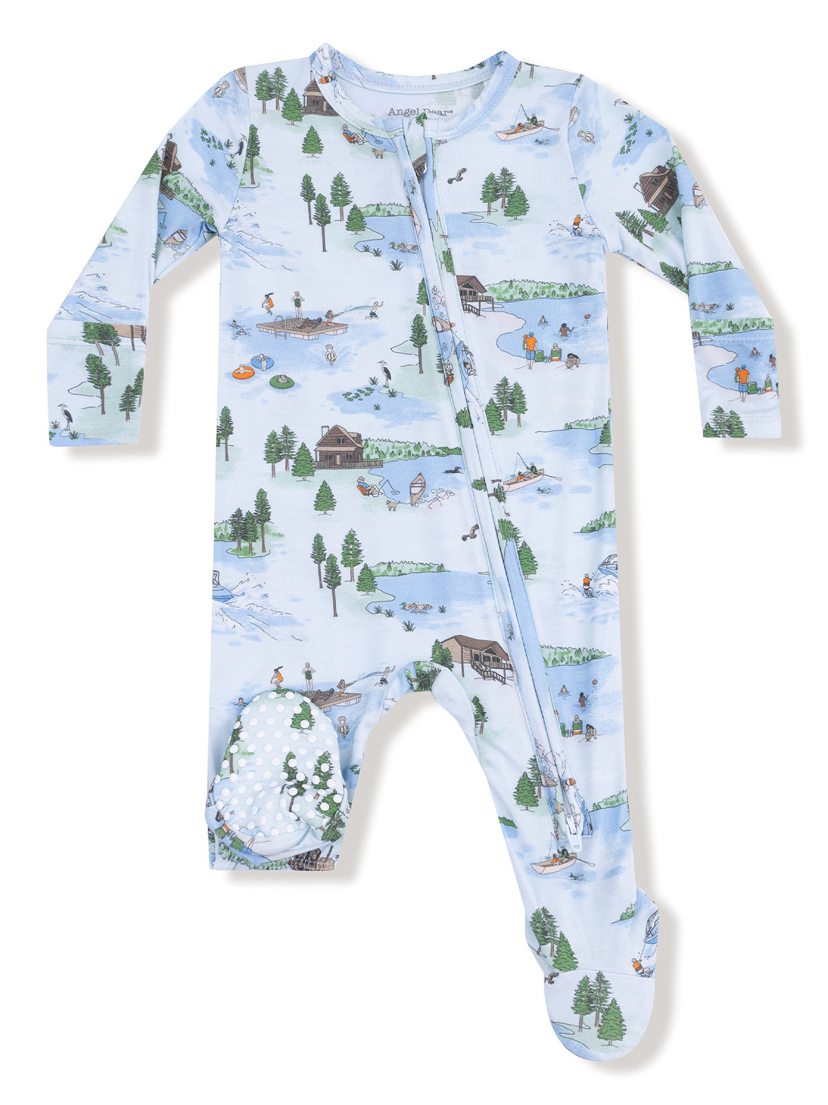 Light blue children's pajamas featuring a whimsical outdoor scene with trees, lakes, and playful activities.