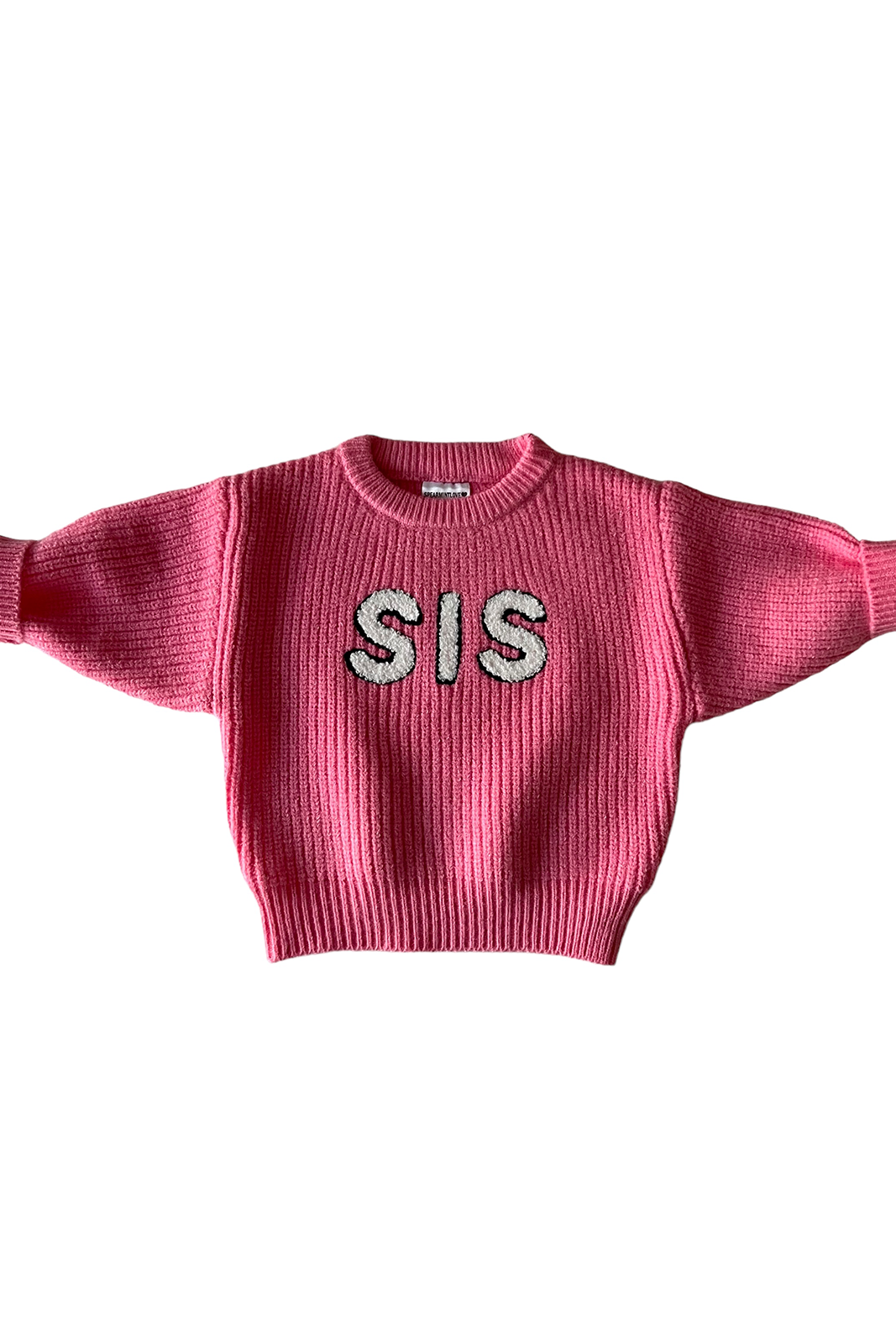 Pink sweater with ribbed texture and "SIS" lettering in white on the front.