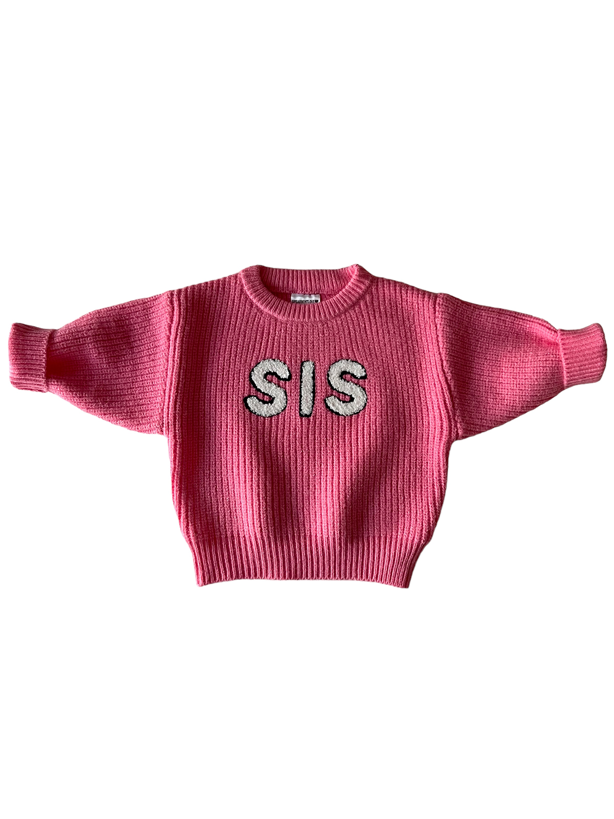 Pink sweater with ribbed texture and "SIS" lettering in white on the front.
