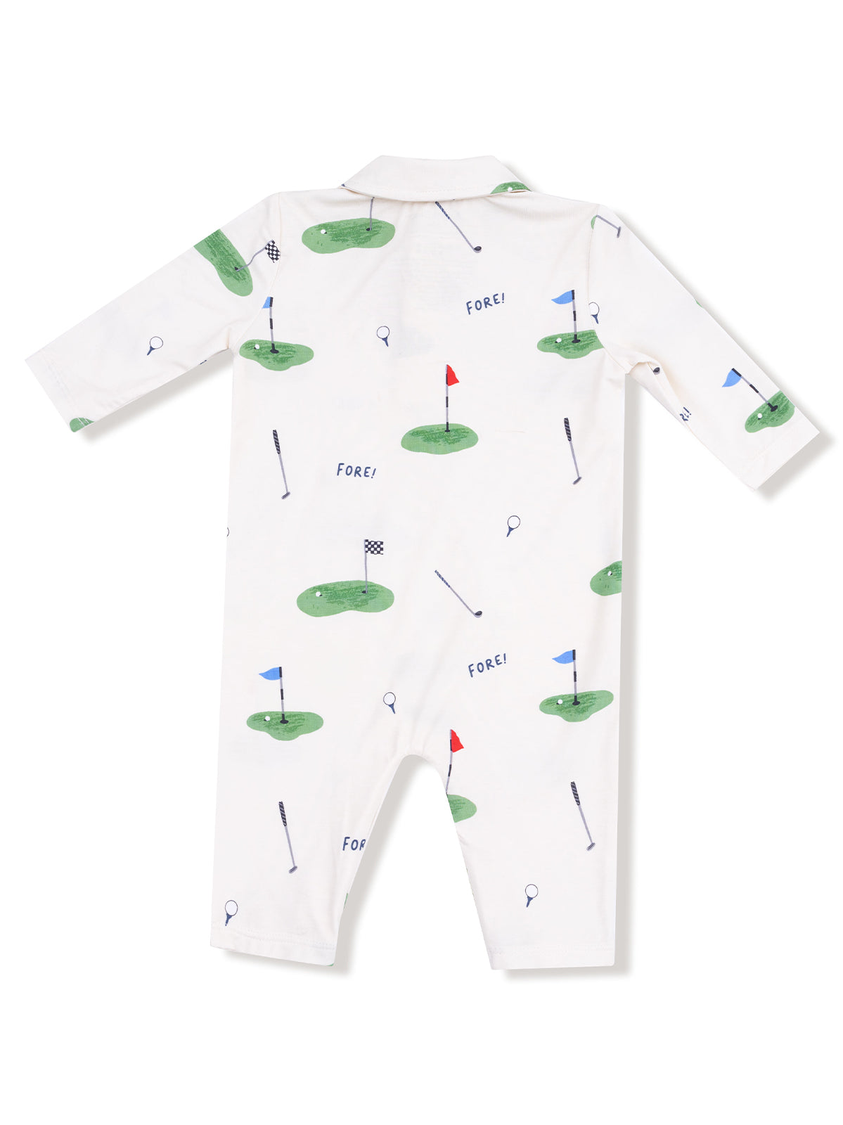 Children's golf-themed romper featuring green golf courses, flags, and "FORE!" text. Ideal for young golf enthusiasts.