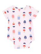 Light pink baby onesie featuring colorful ice cream cone and popsicle patterns. Short sleeves and round neckline.