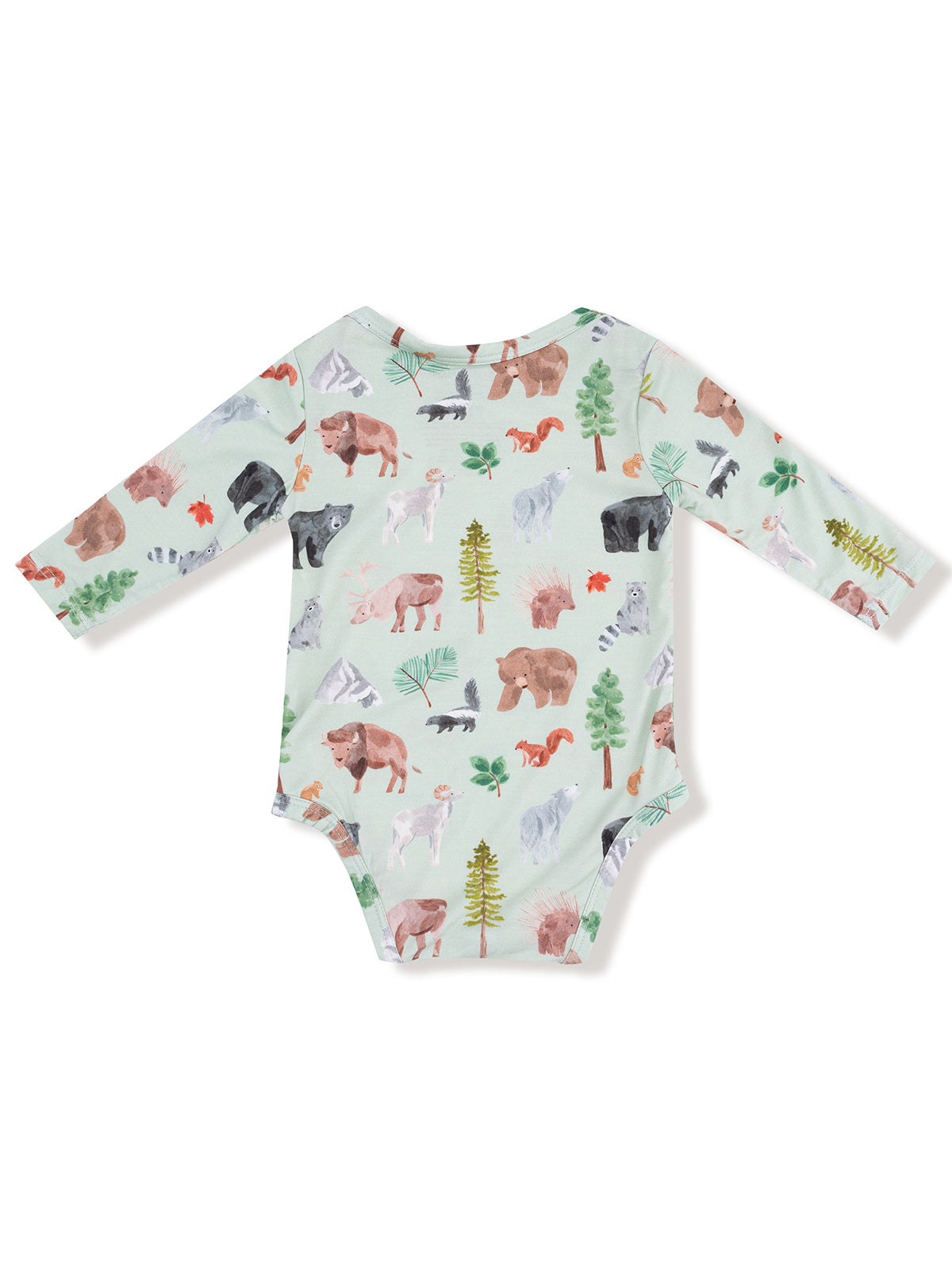 Long-sleeve baby onesie with a colorful animal and nature print on a light green background.