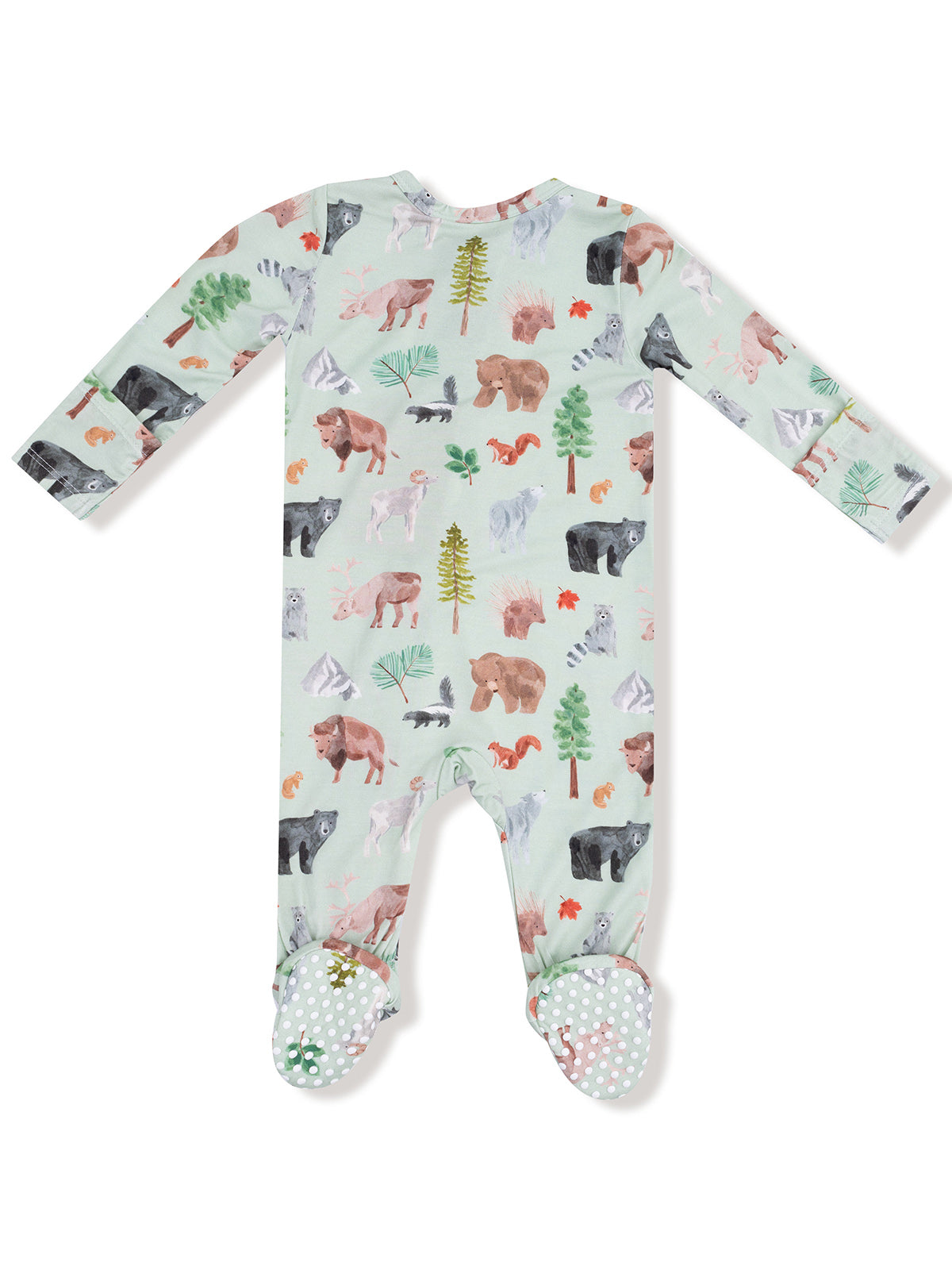 Baby onesie with colorful animal and tree prints on a light green background. Features footed design with polka dots.