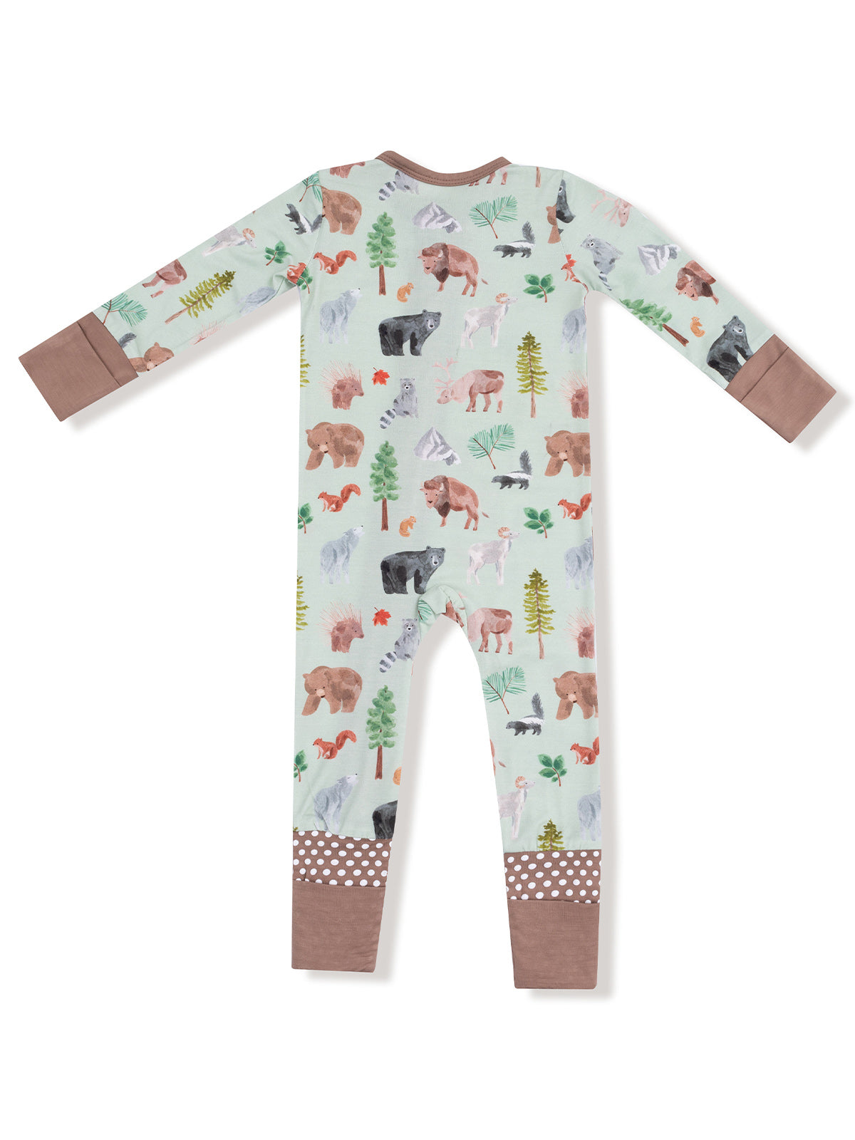 Children's pajama set with playful animal and nature prints, featuring long sleeves and a polka dot cuff design.