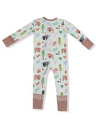 Children's pajama set with playful animal and nature prints, featuring long sleeves and a polka dot cuff design.