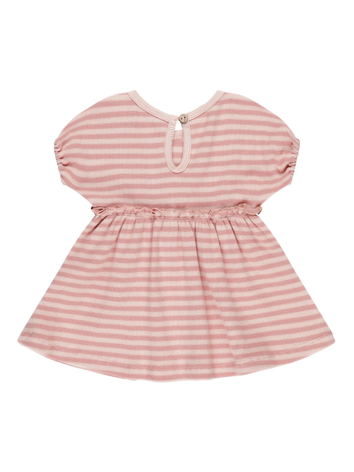 Pink and white striped dress with short sleeves and a button closure on the back.