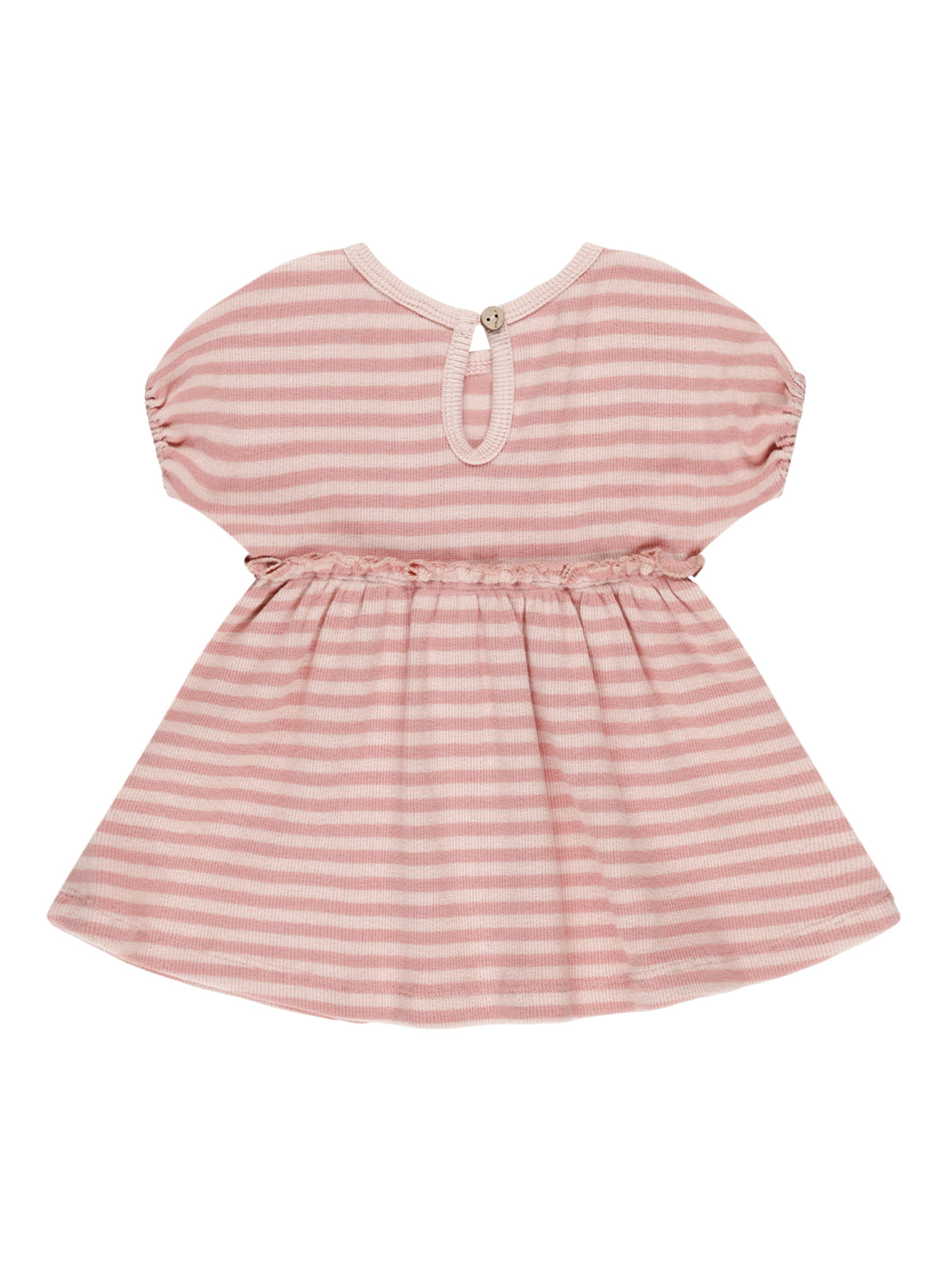 Pink and white striped dress with short sleeves and a button closure on the back.