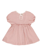 Pink and white striped dress with short sleeves and a button closure on the back.