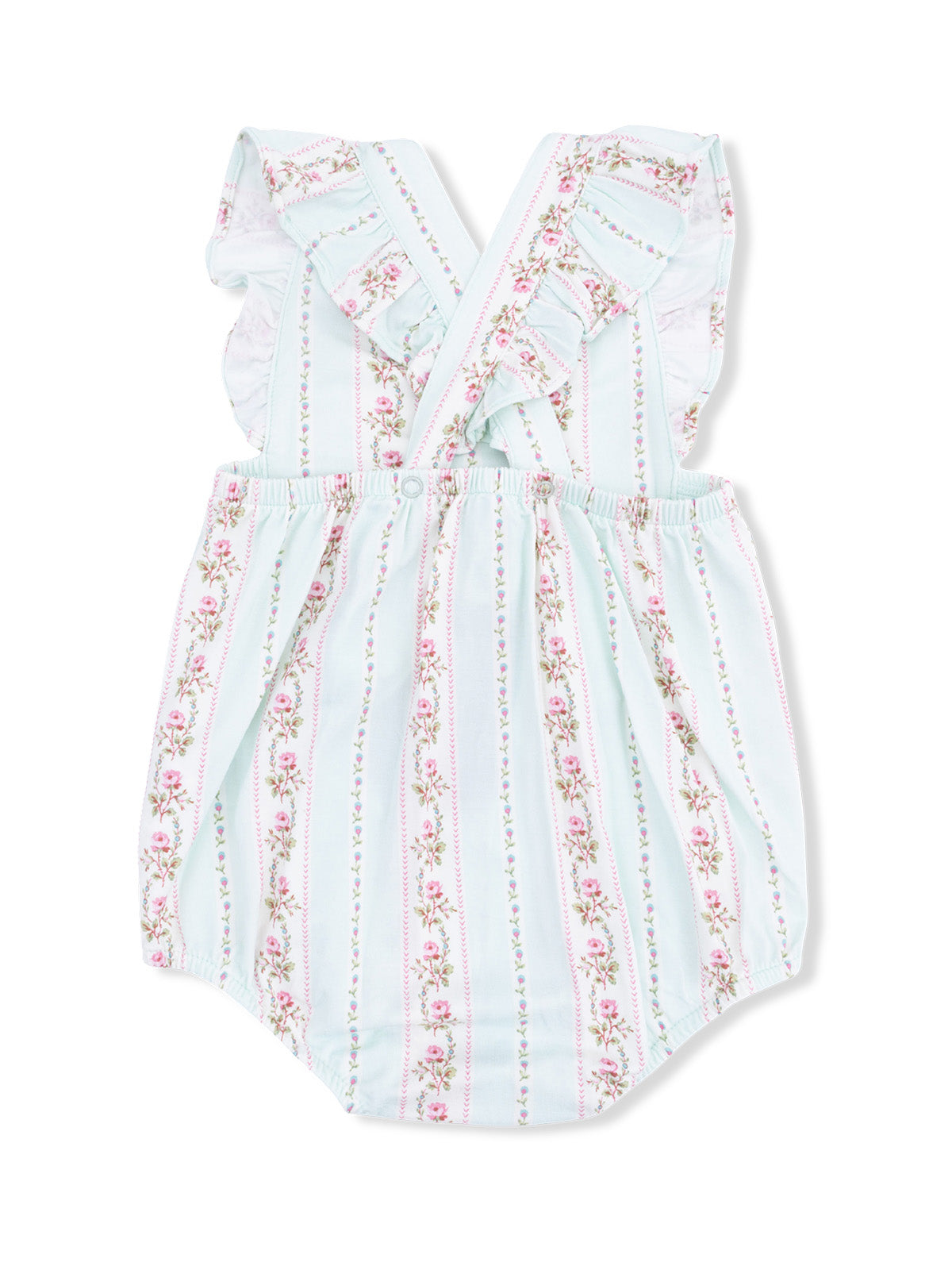 Light blue baby romper with floral stripes and ruffled straps, perfect for warm weather.