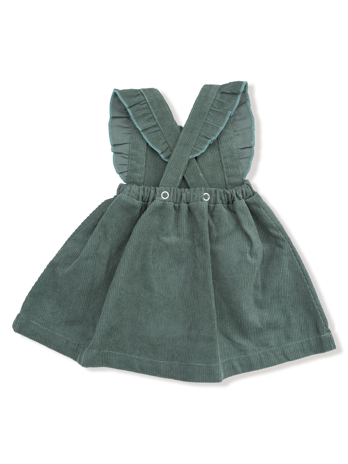 Green corduroy dress with ruffled straps and gathered waist, perfect for casual wear.