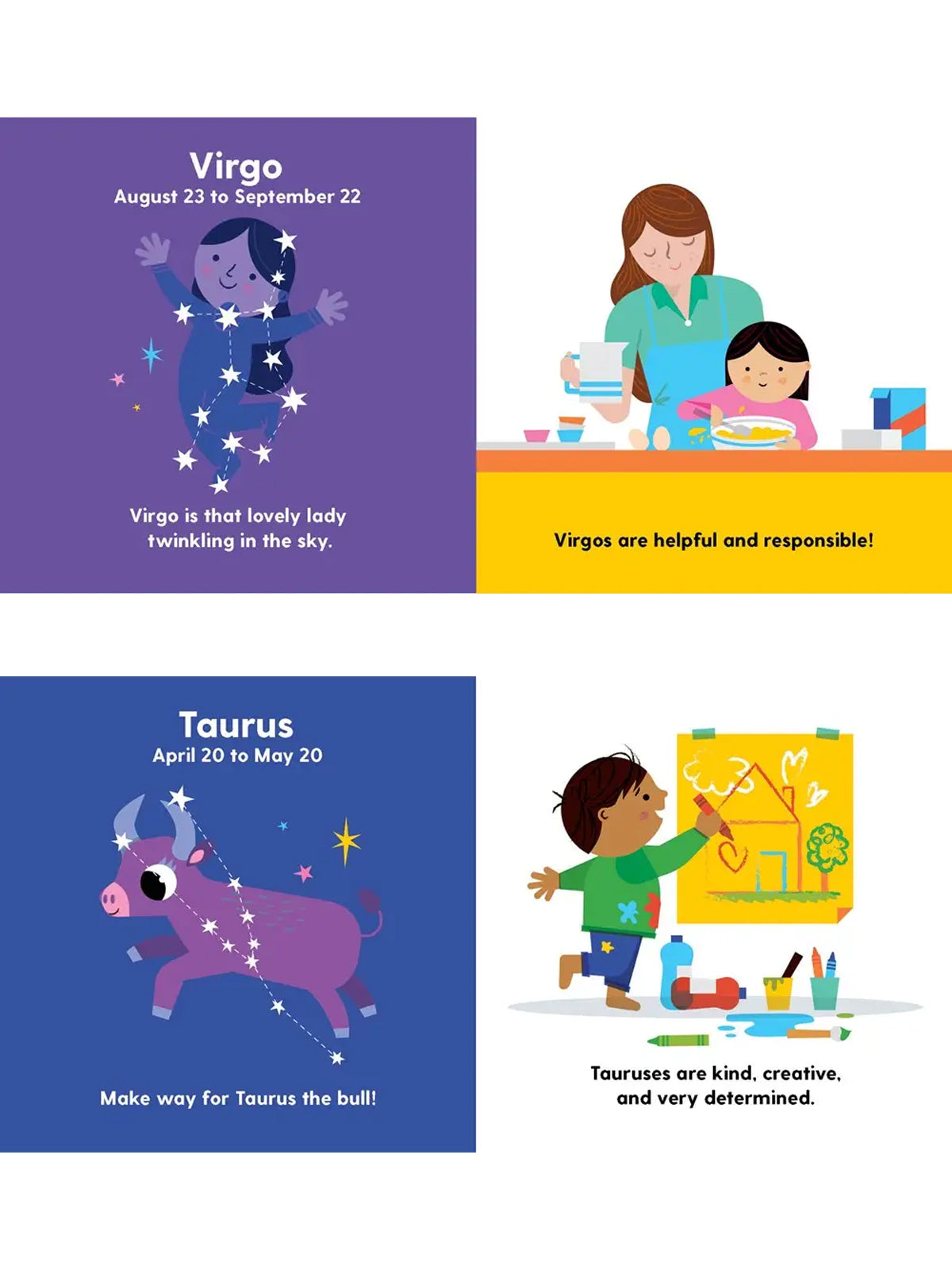 Illustrations of Virgo and Taurus zodiac signs with descriptions of their traits and dates.