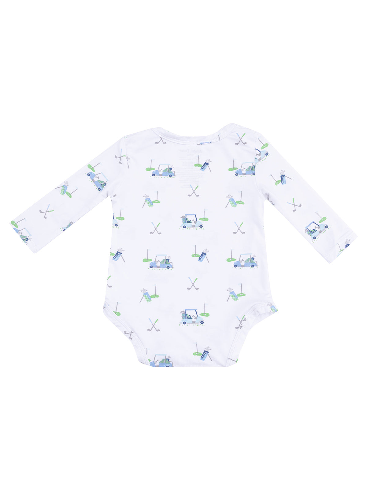 White long-sleeve baby onesie featuring a playful golf-themed pattern.