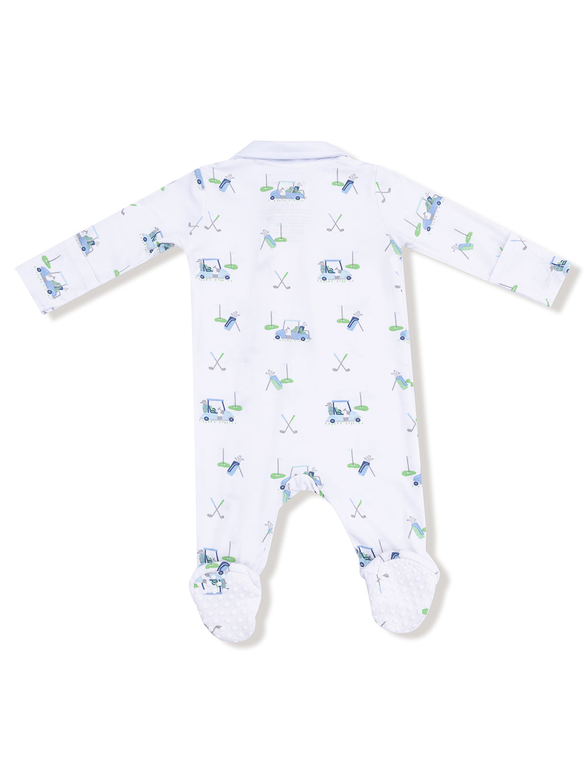 White baby onesie with golf-themed print, featuring carts, clubs, and golf balls, designed for comfort and style.
