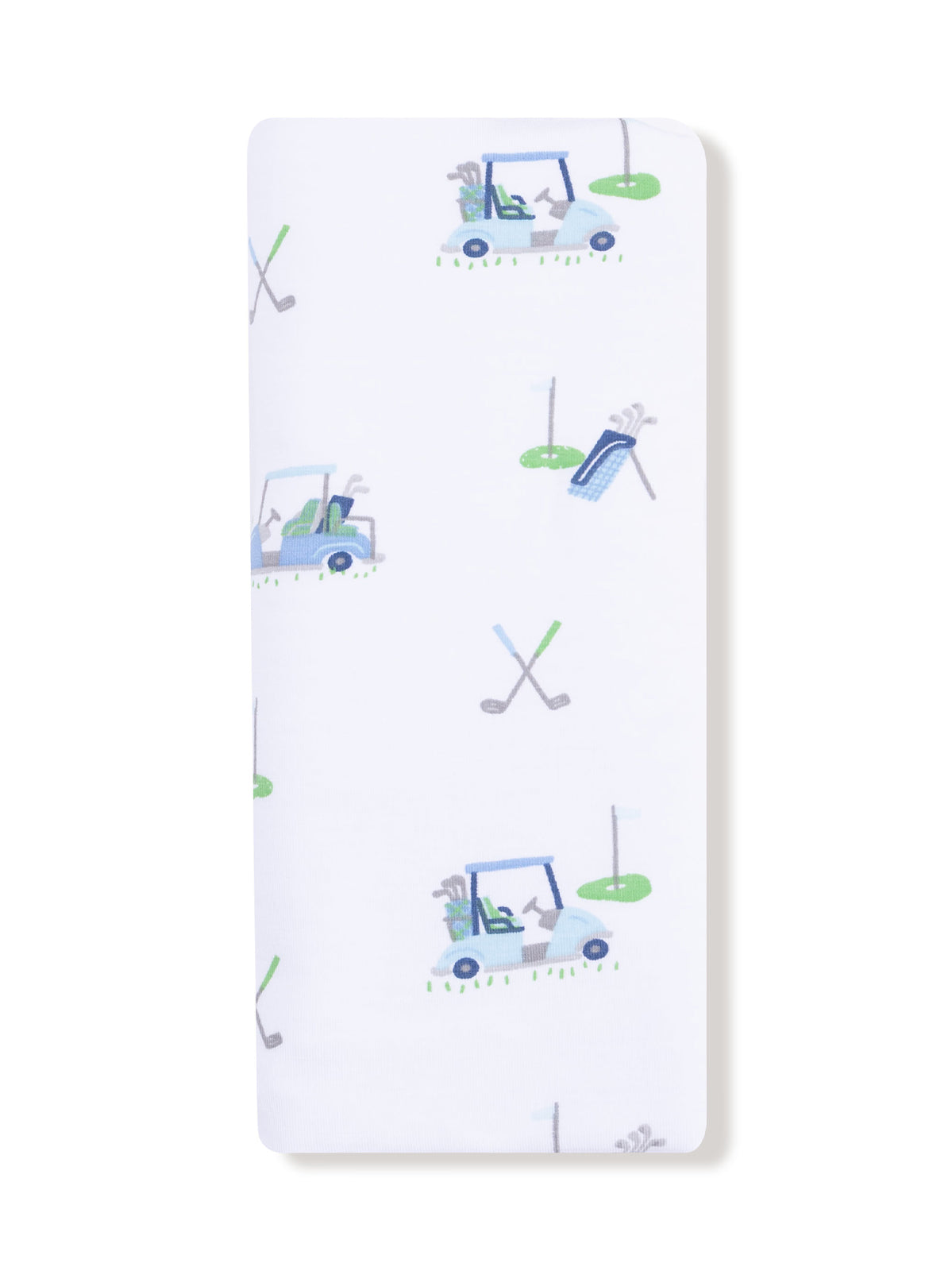 Golf-themed fabric featuring golf carts, clubs, and greens in a playful design on a white background.