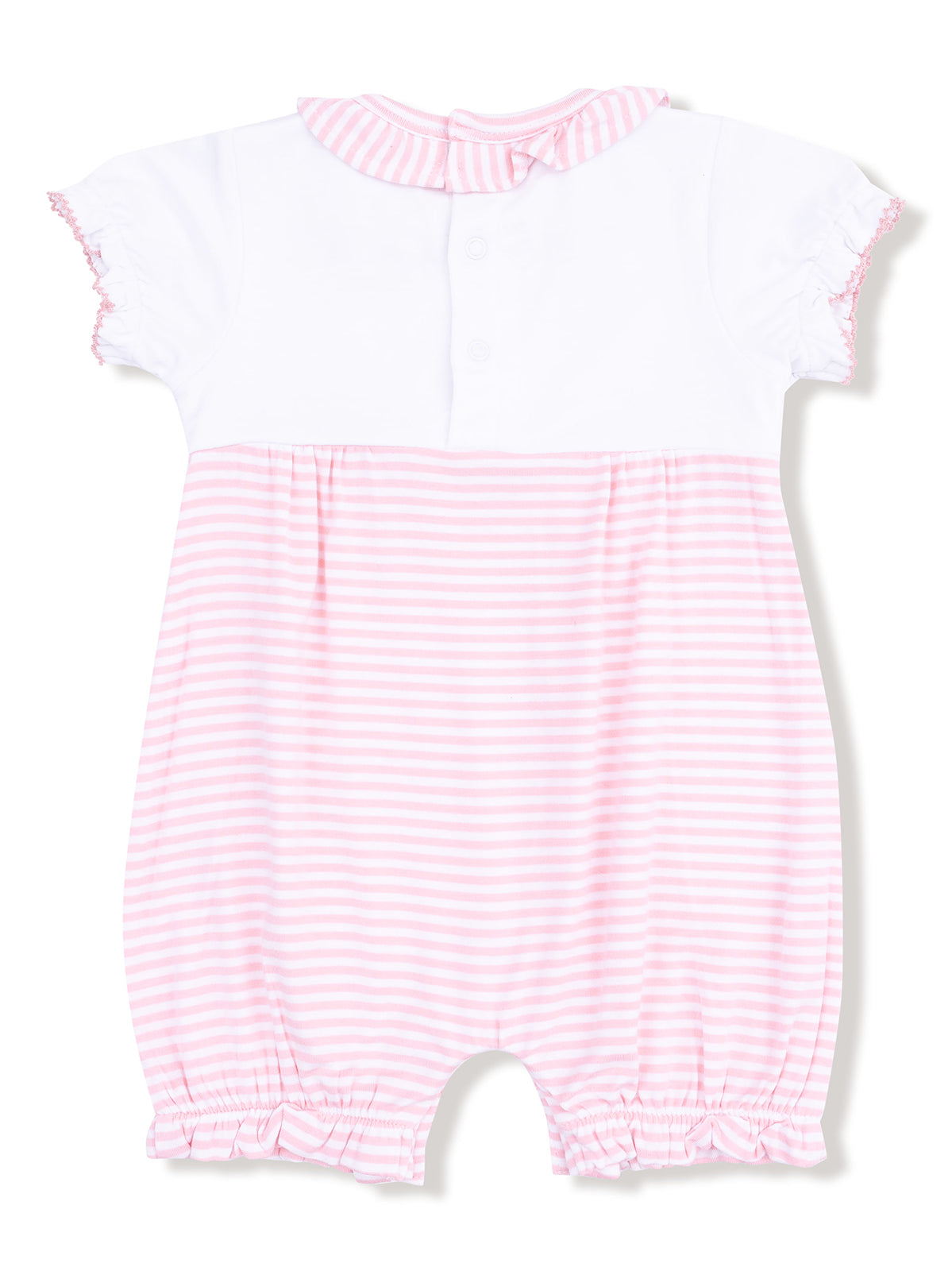 Pink striped romper with white top and ruffle collar, perfect for infants and toddlers.
