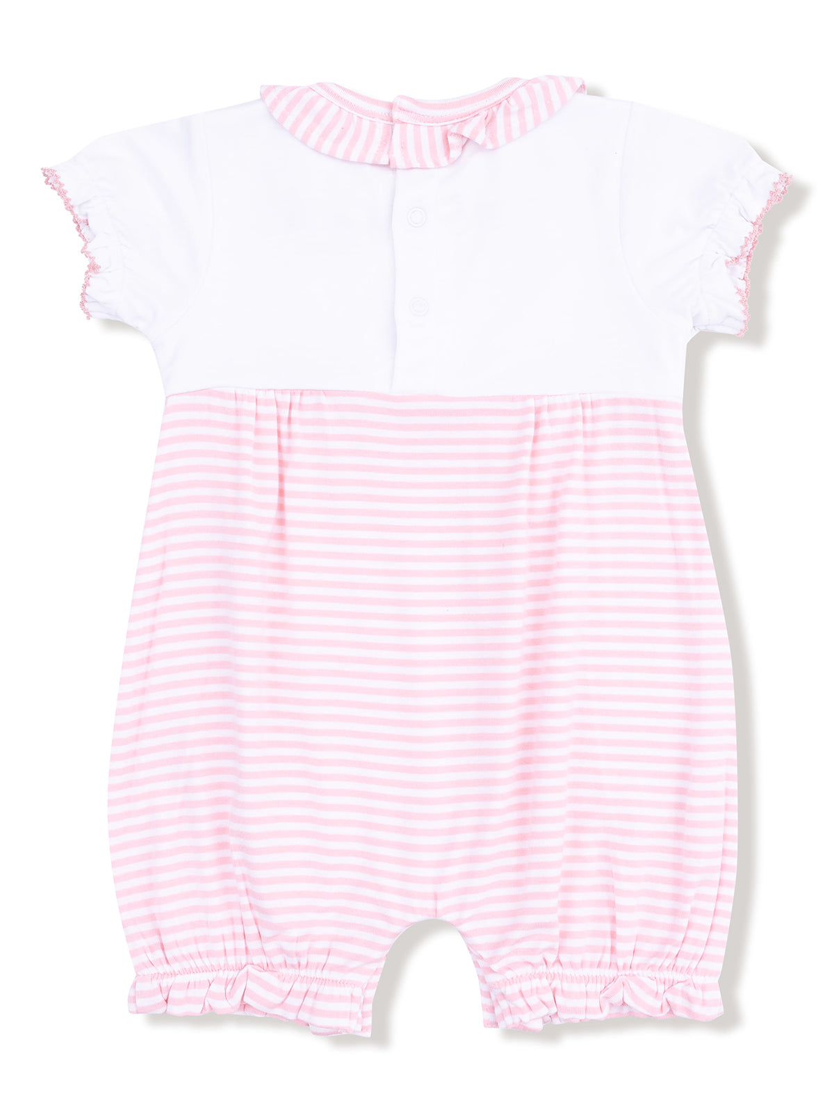 Pink striped romper with white top and ruffle collar, perfect for infants and toddlers.