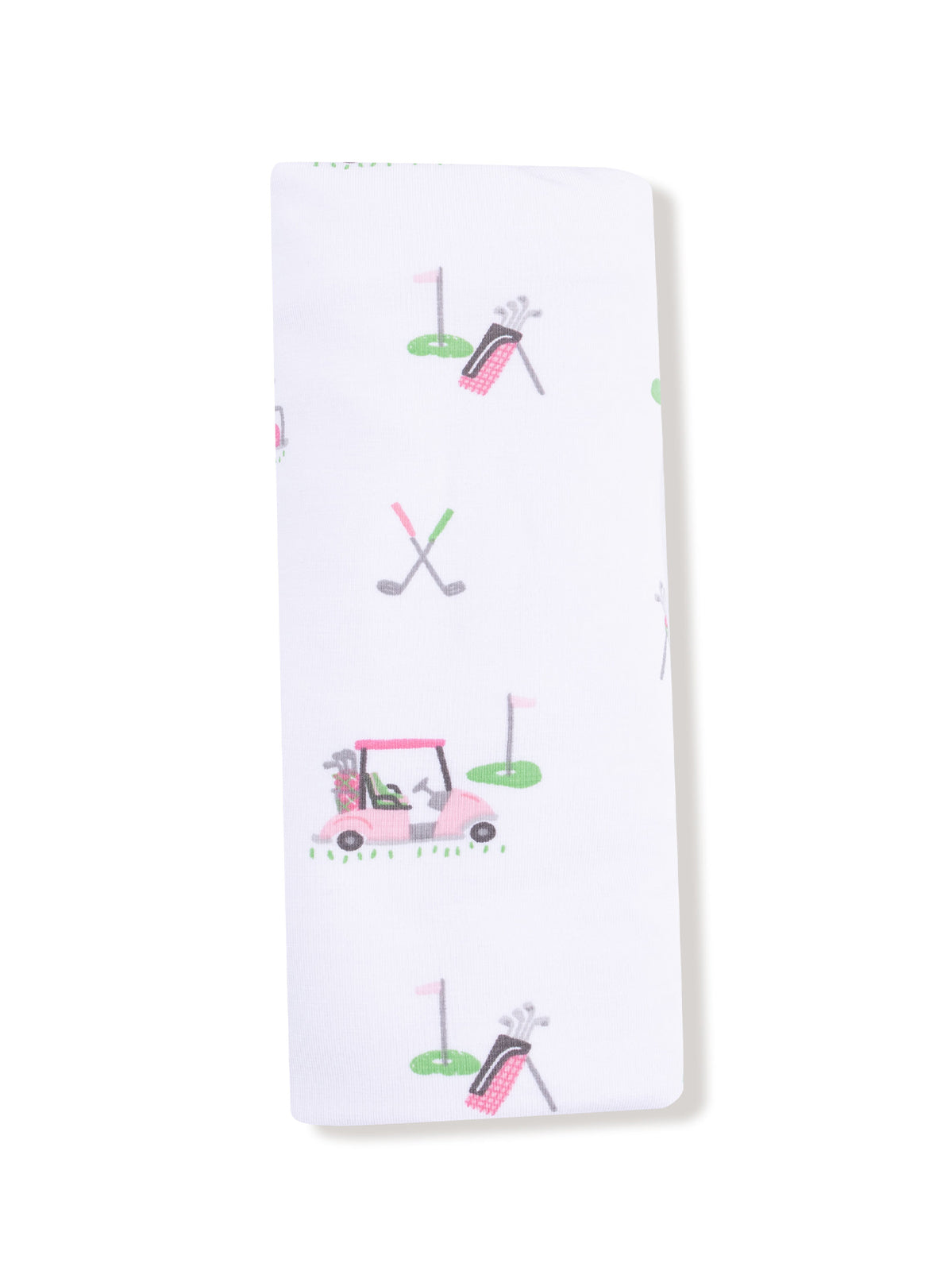 Patterned socks featuring golf-themed designs, including a golf cart, clubs, and flags on a white background.
