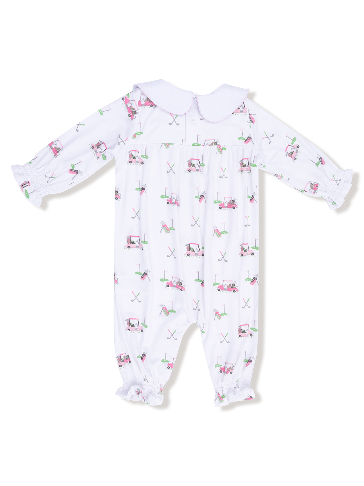 White baby romper with playful golf-themed prints and a Peter Pan collar. Elastic cuffs at sleeves and ankles.