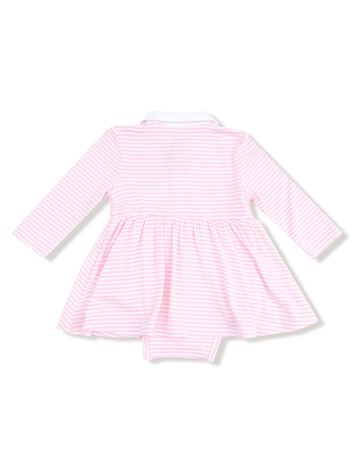 Pink and white striped long-sleeve baby dress with a white collar and flared skirt.