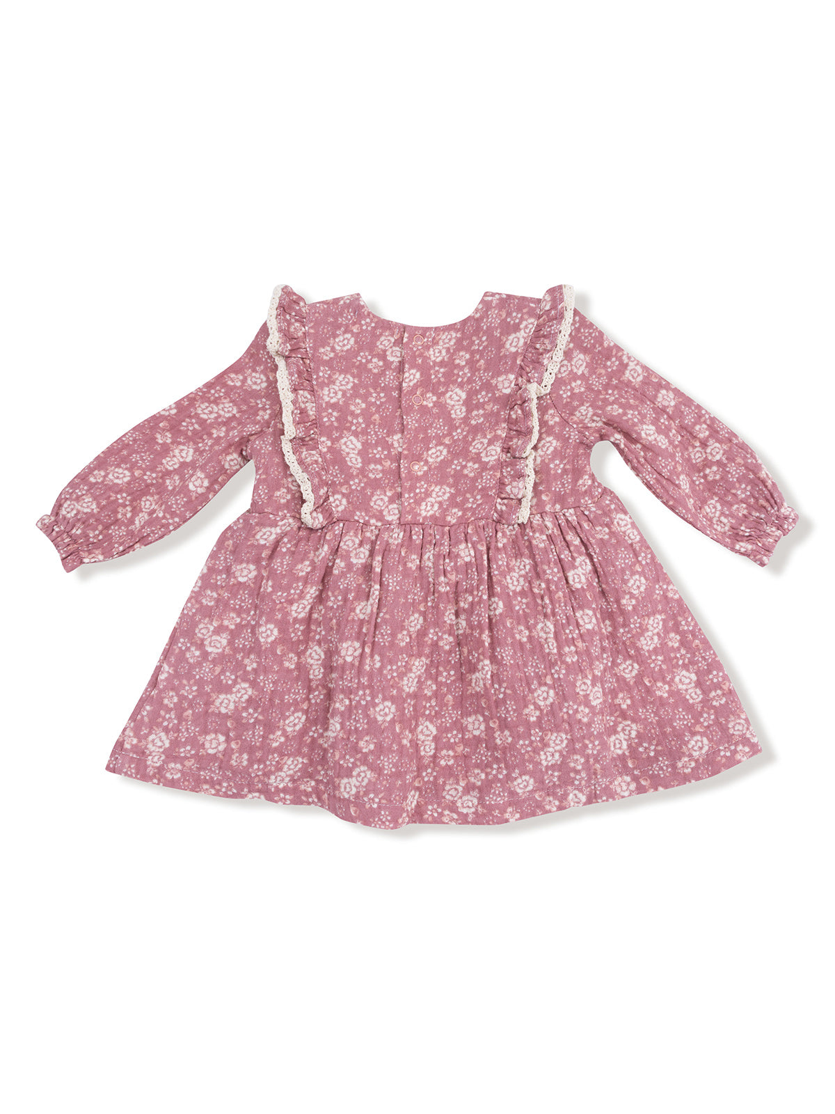Pink floral dress with long sleeves and lace trim, featuring a flared skirt. Ideal for girls' spring fashion.