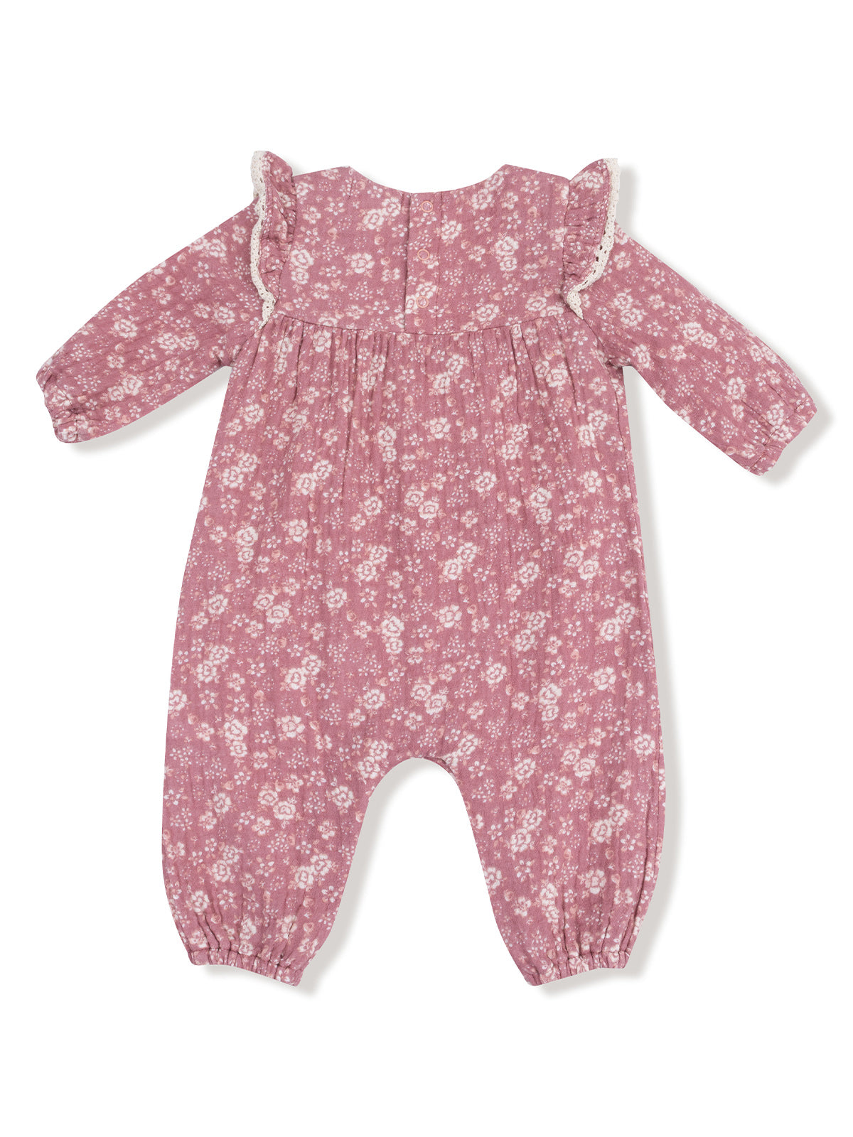 Pink floral baby romper with ruffled sleeves and elastic cuffs, viewed from the back.