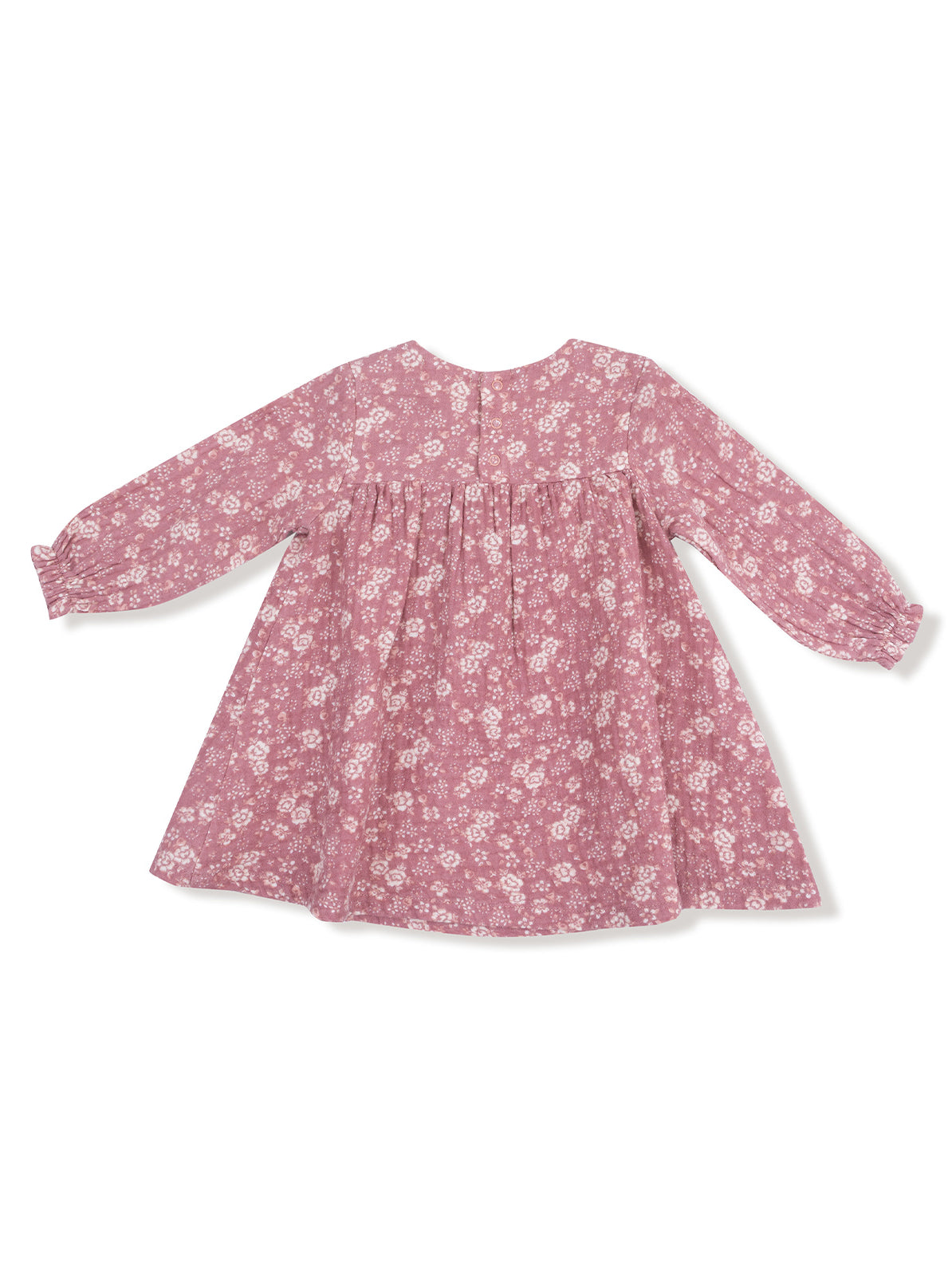 Pink floral dress with long sleeves and gathered skirt, viewed from the back. Ideal for casual or special occasions.