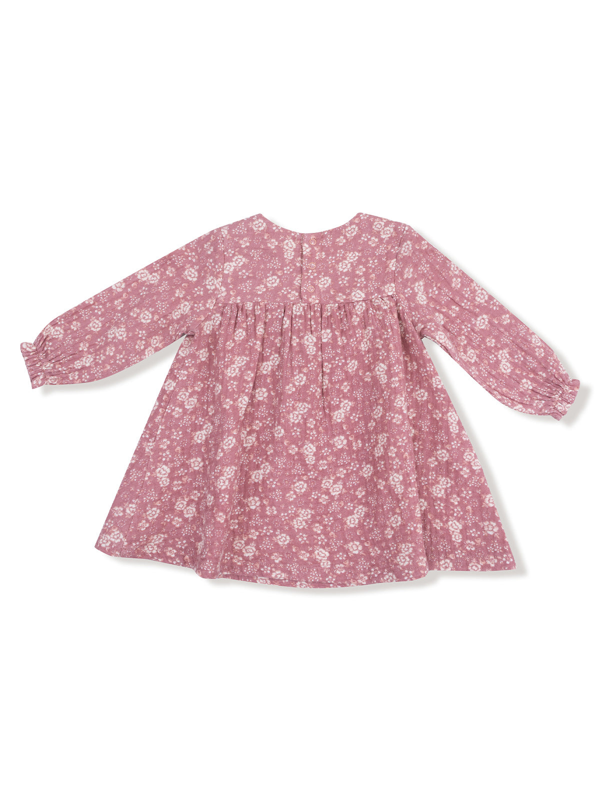 Pink floral dress with long sleeves and gathered skirt, viewed from the back. Ideal for casual or special occasions.