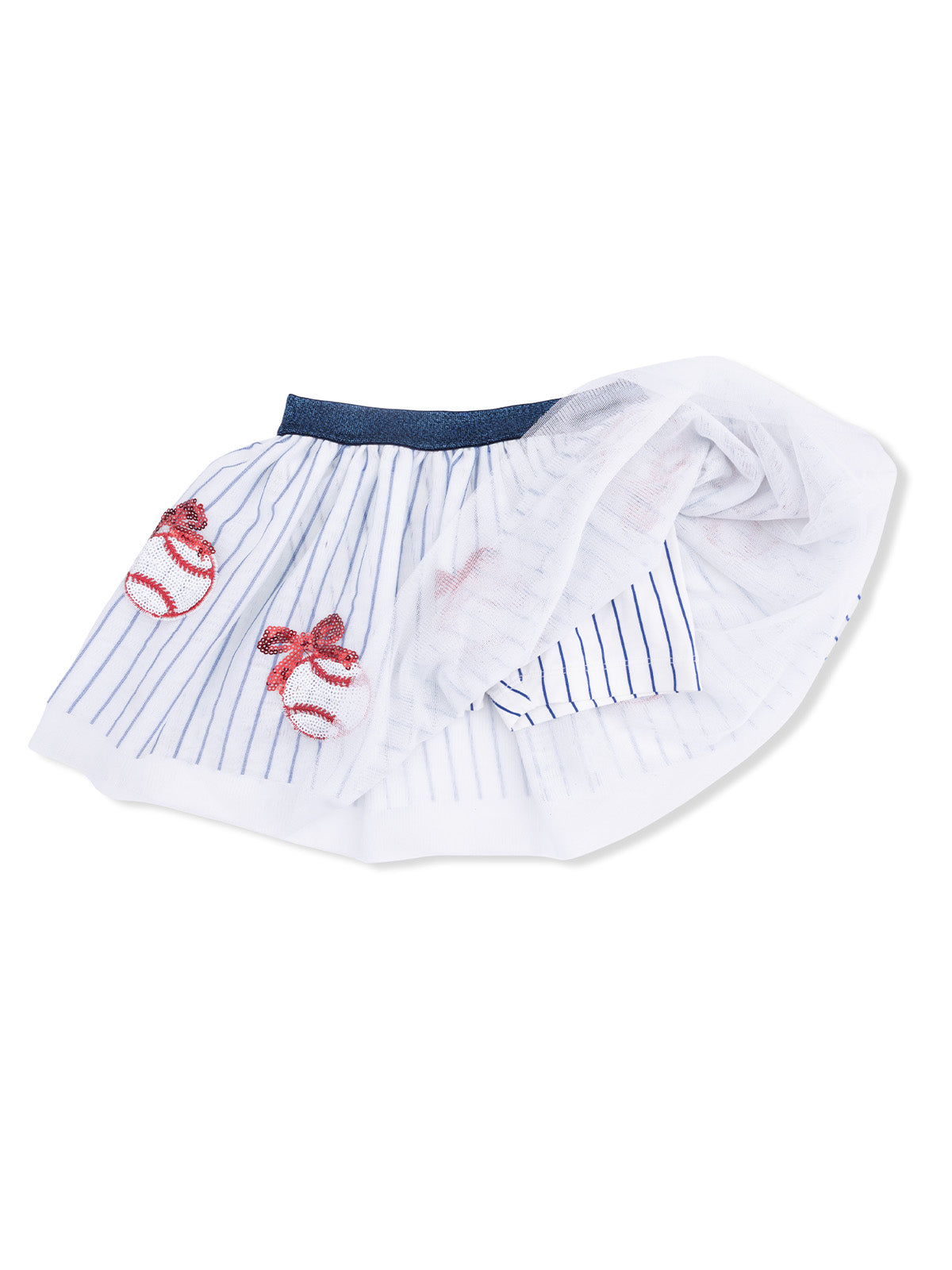 White pleated skirt with blue stripes and baseball embroidery on the front.