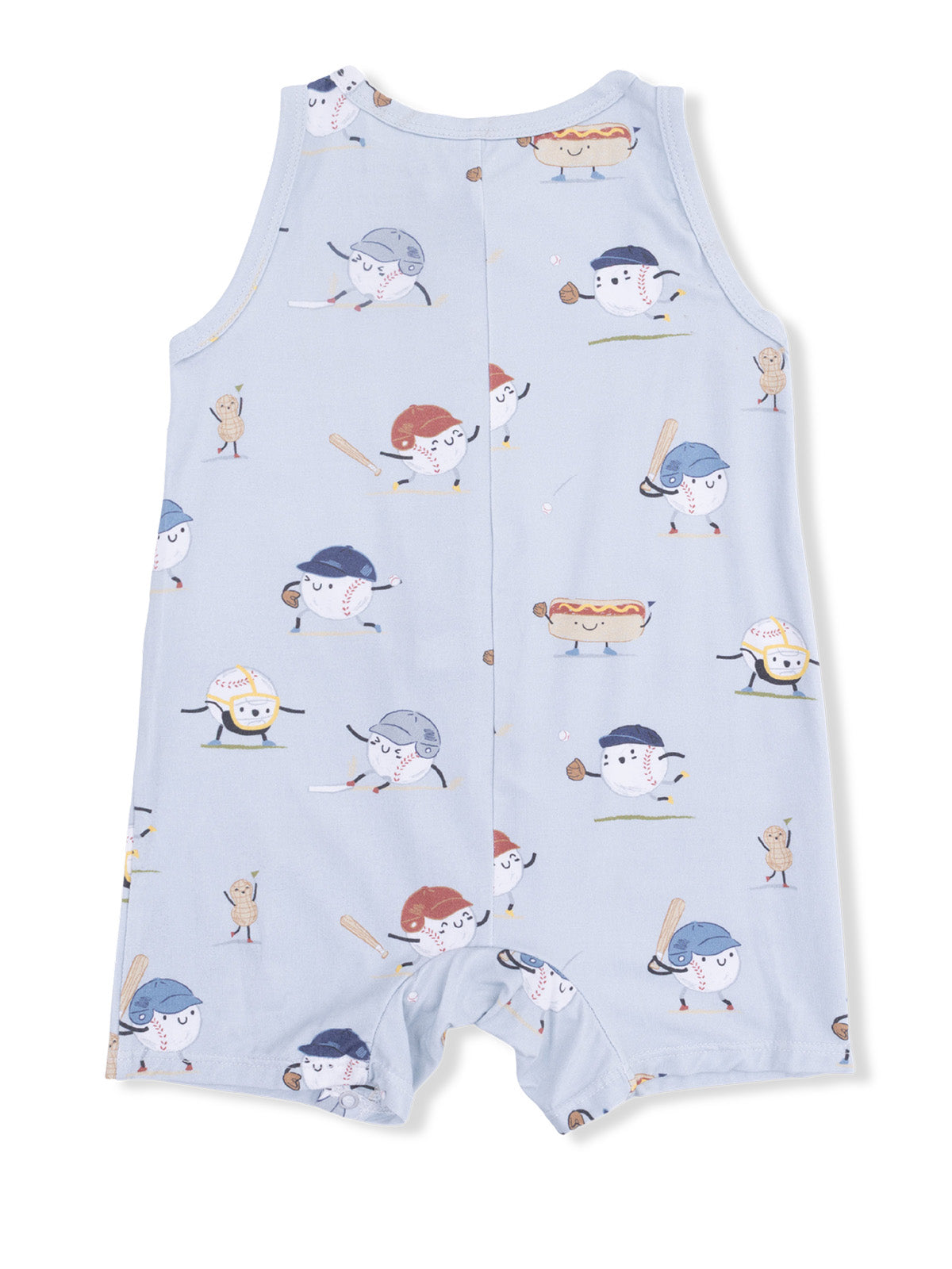 Light blue toddler romper with playful baseball-themed characters and soft fabric, perfect for summer fun.