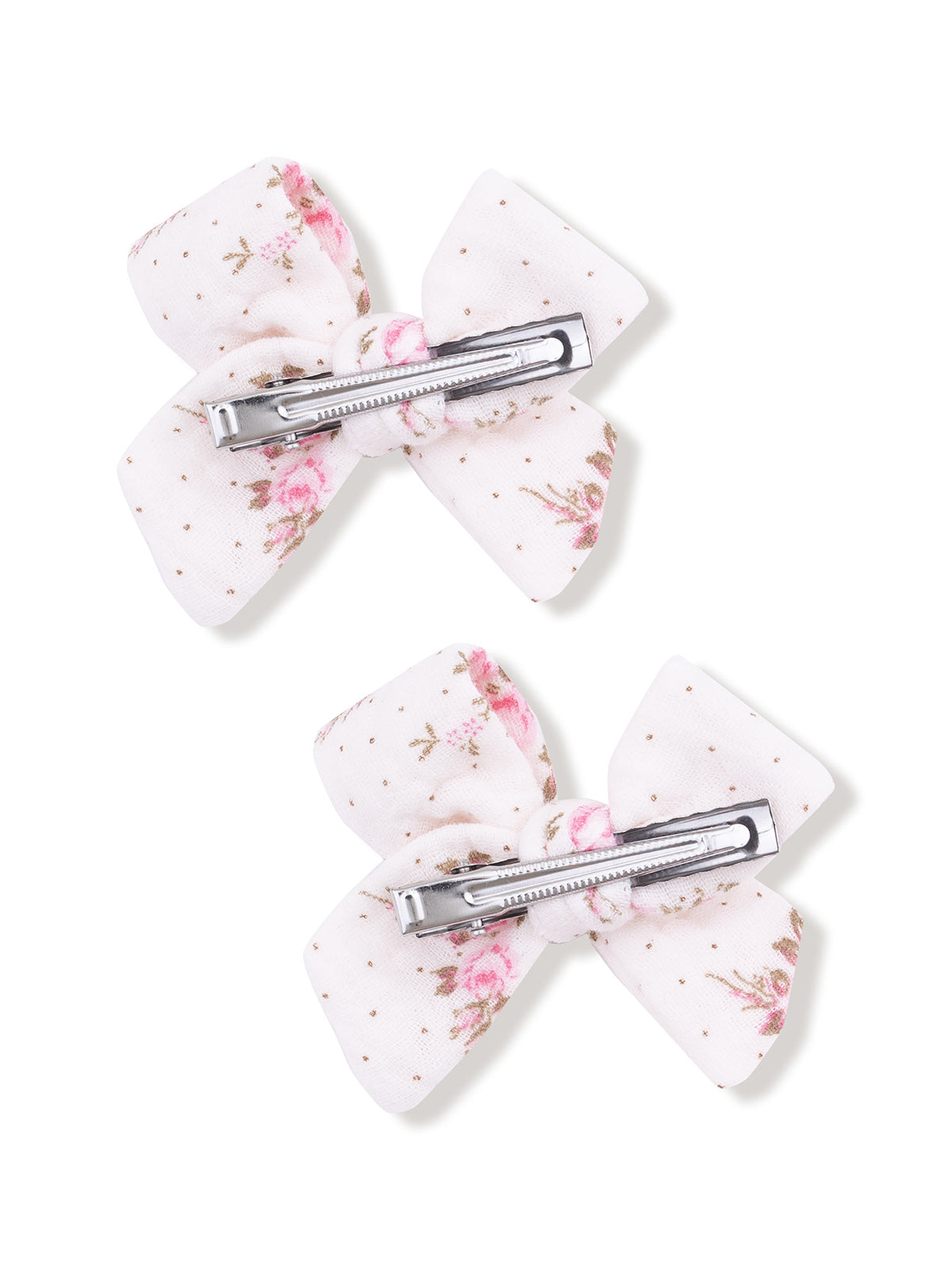 Two white floral hair bows with clips, featuring pink roses and gold dots, displayed on a white background.