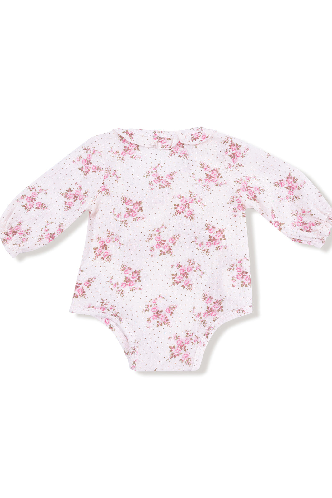 Long-sleeve baby bodysuit with floral pattern on white background and polka dots, featuring a rounded collar.