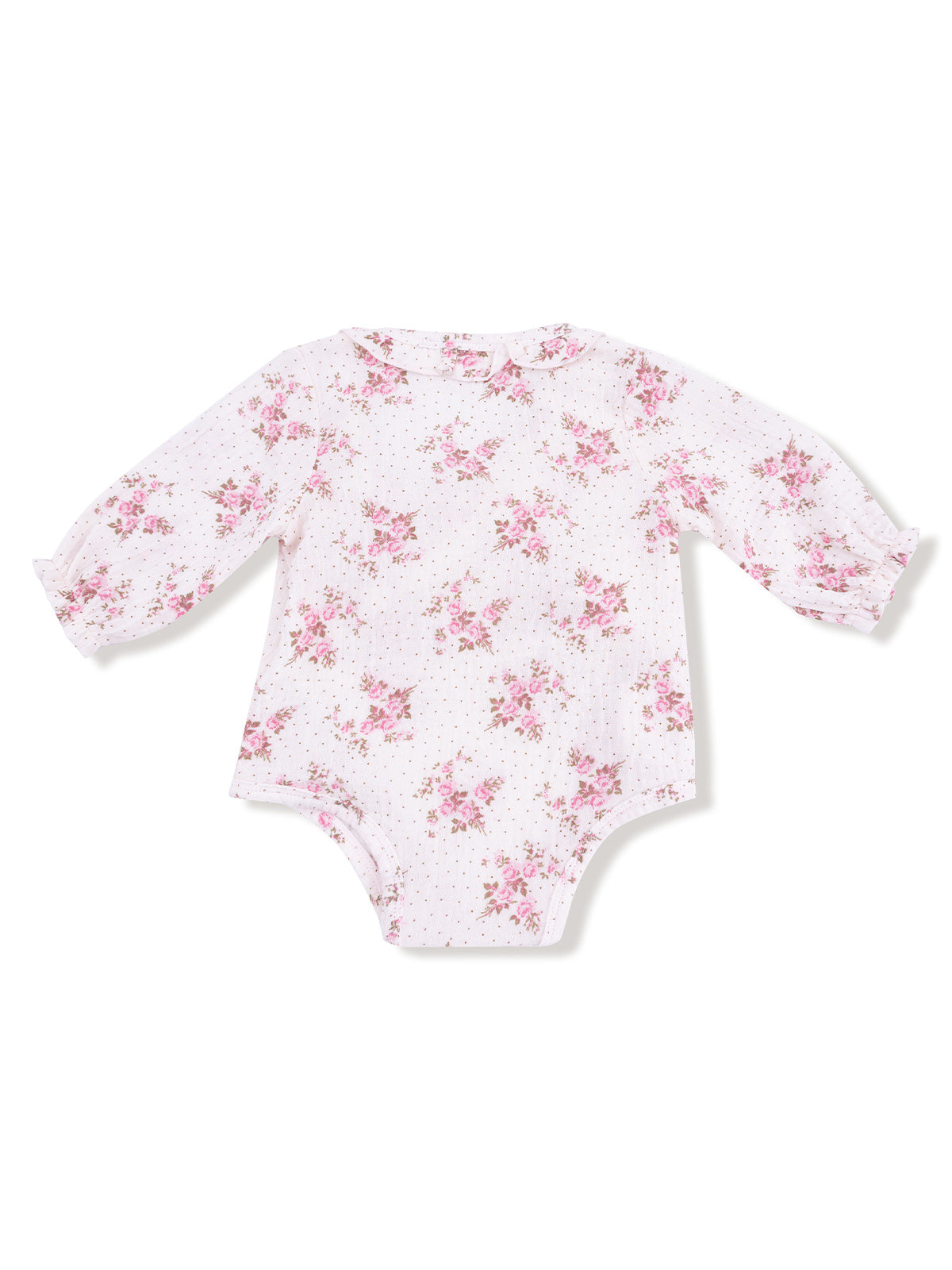 Long-sleeve baby bodysuit with floral pattern on white background and polka dots, featuring a rounded collar.