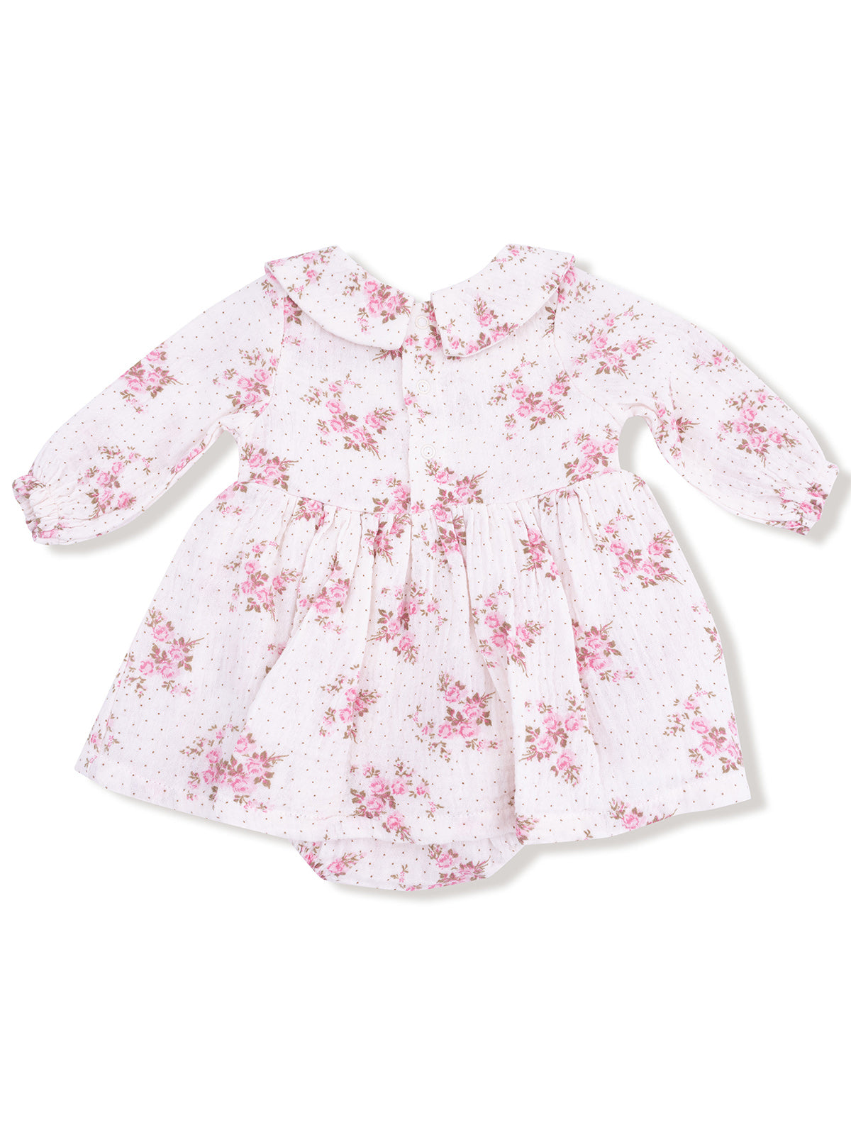 Floral baby dress with long sleeves and a Peter Pan collar, featuring a white background with pink flowers.