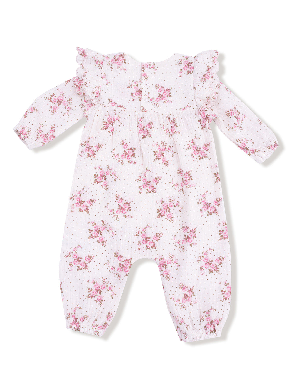 White floral baby romper with ruffled sleeves and elastic cuffs, featuring delicate pink rose patterns.