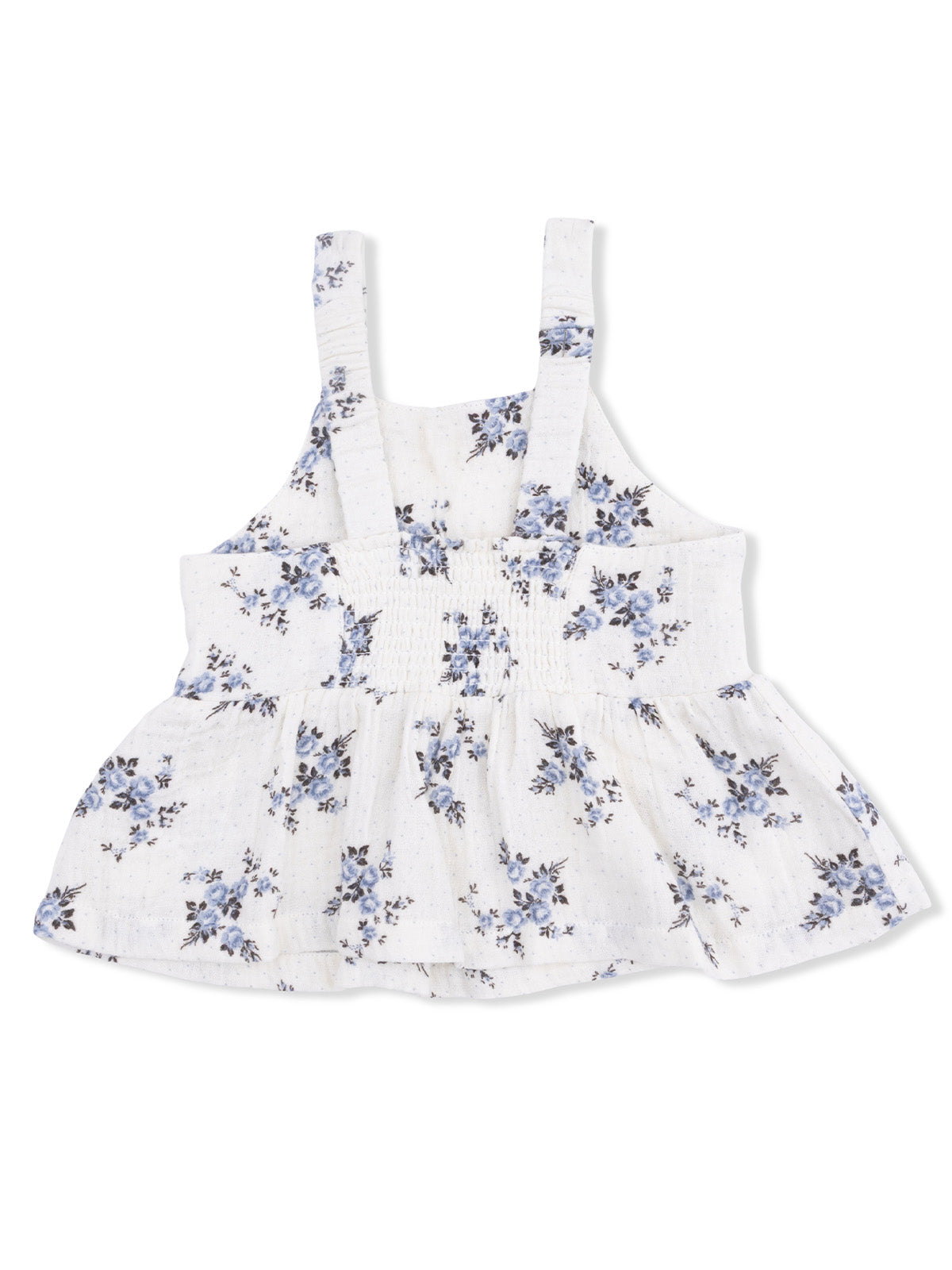 White floral sleeveless top with blue flowers and a flared hem. Ideal for casual summer outfits.