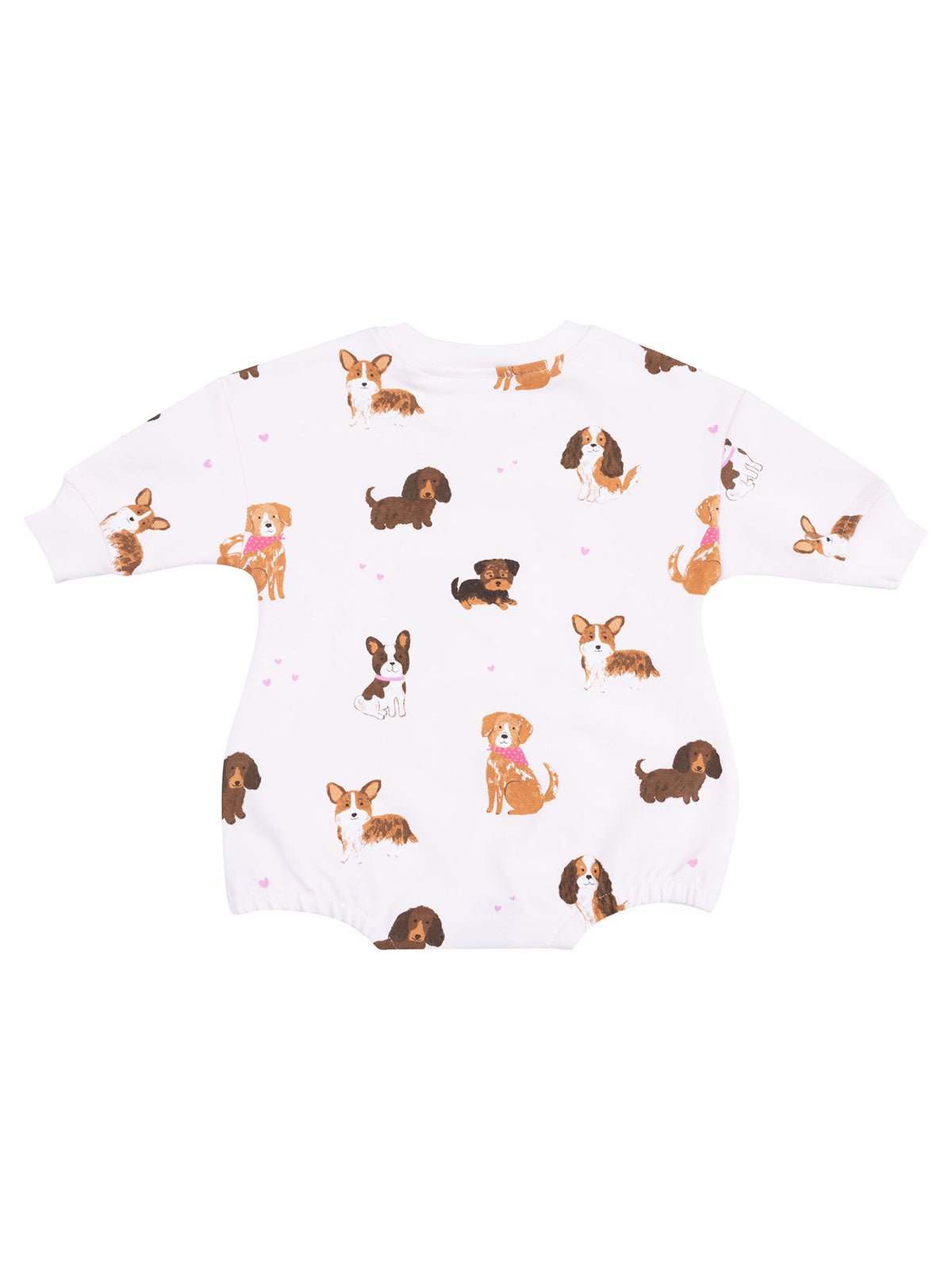 White onesie with colorful dog illustrations and pink hearts throughout the fabric.