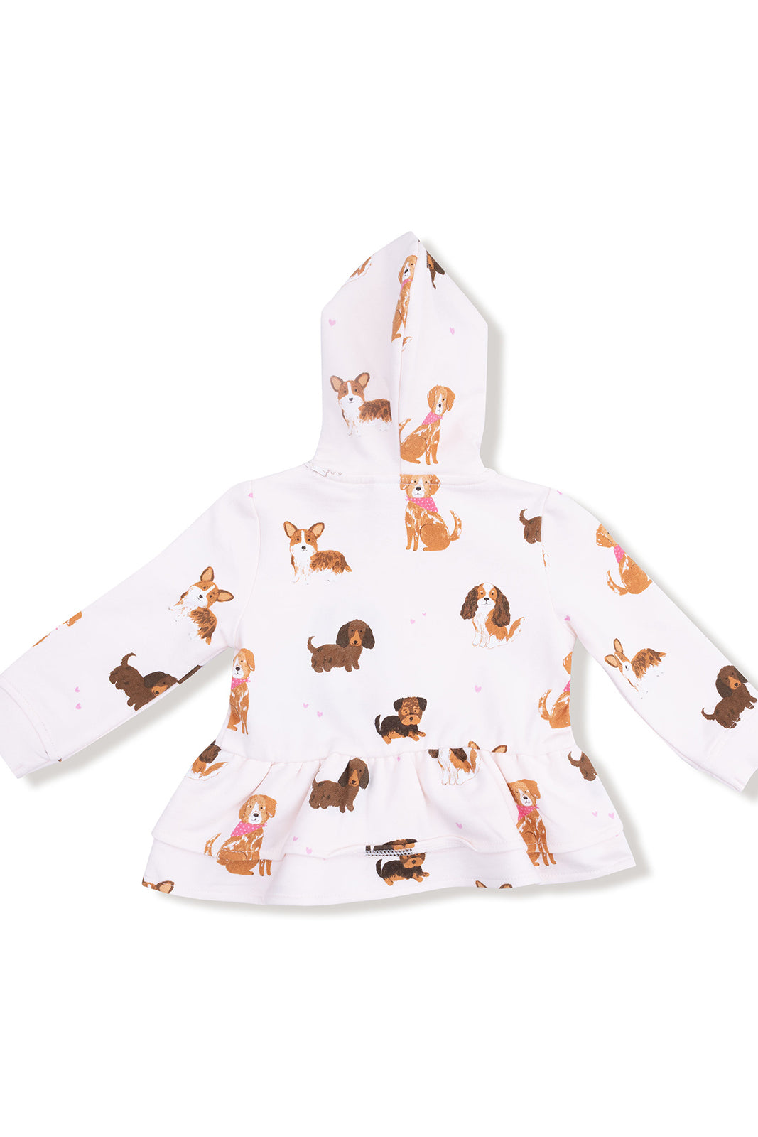 White hoodie with dog prints, featuring a flared design and a front pocket, suitable for children.