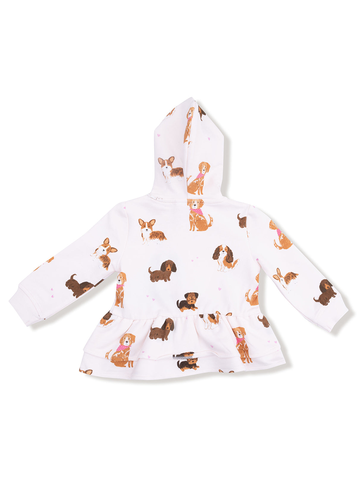 White hoodie with dog prints, featuring a flared design and a front pocket, suitable for children.