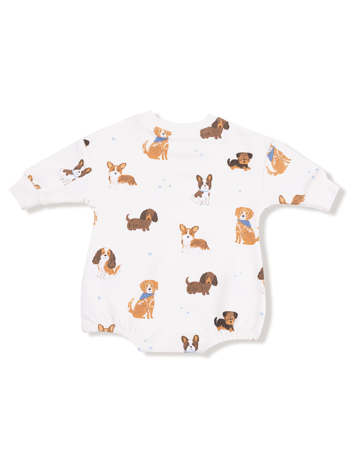 White baby romper with playful dog illustrations in various colors and poses.