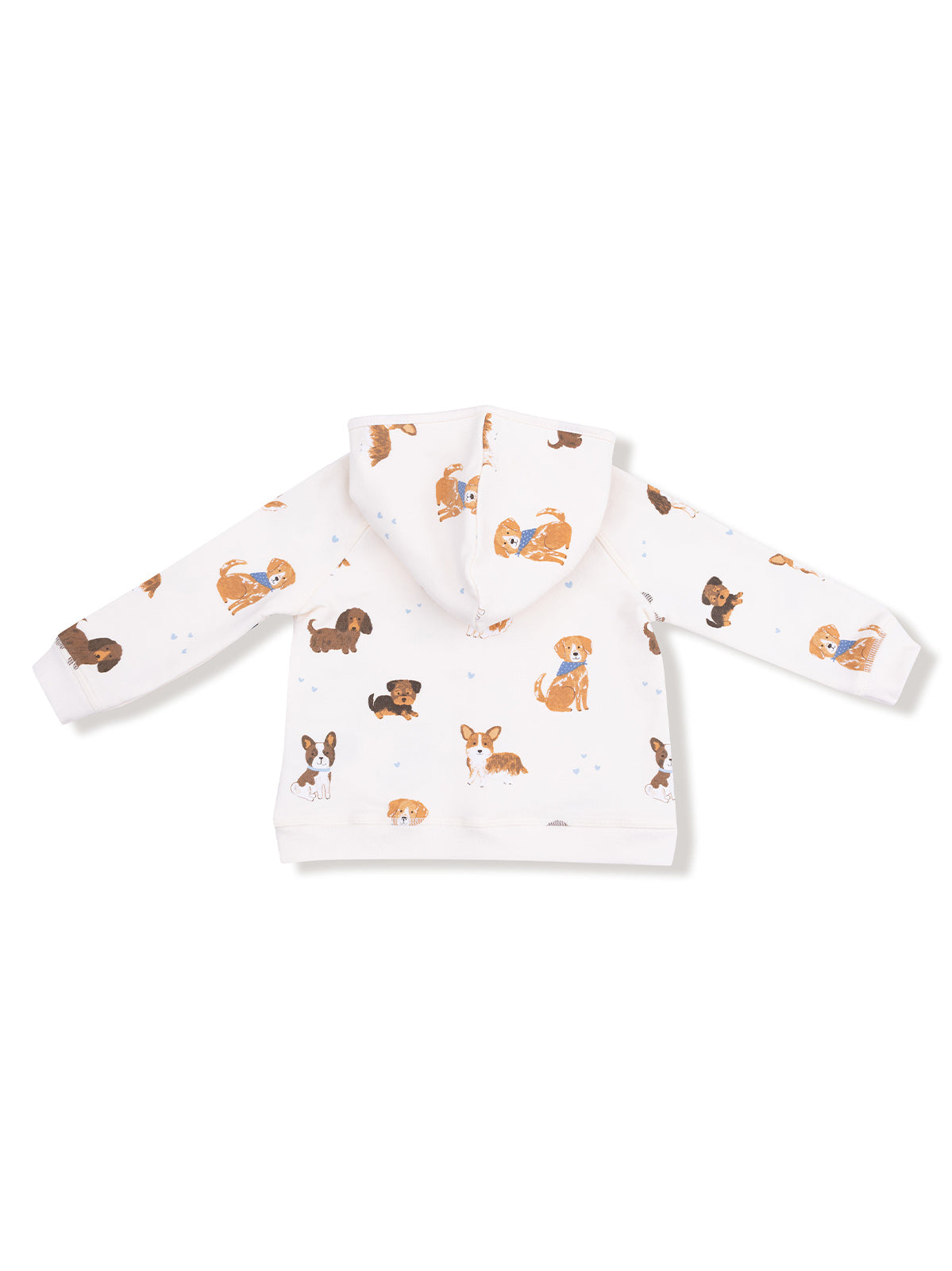 White hoodie with playful dog illustrations, featuring a cute, child-friendly design. Perfect for cozy wear.