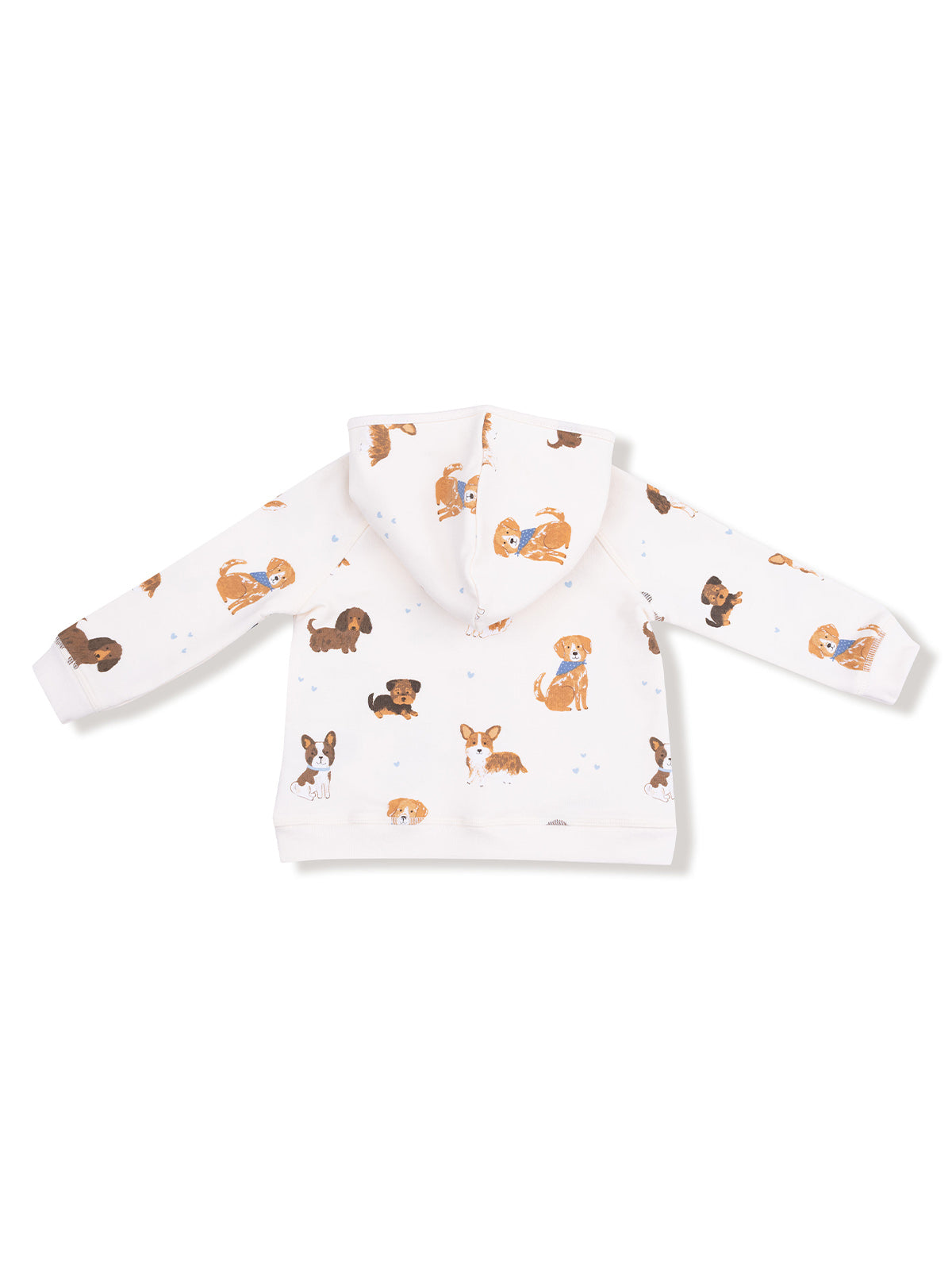 White hoodie with playful dog illustrations, featuring a cute, child-friendly design. Perfect for cozy wear.