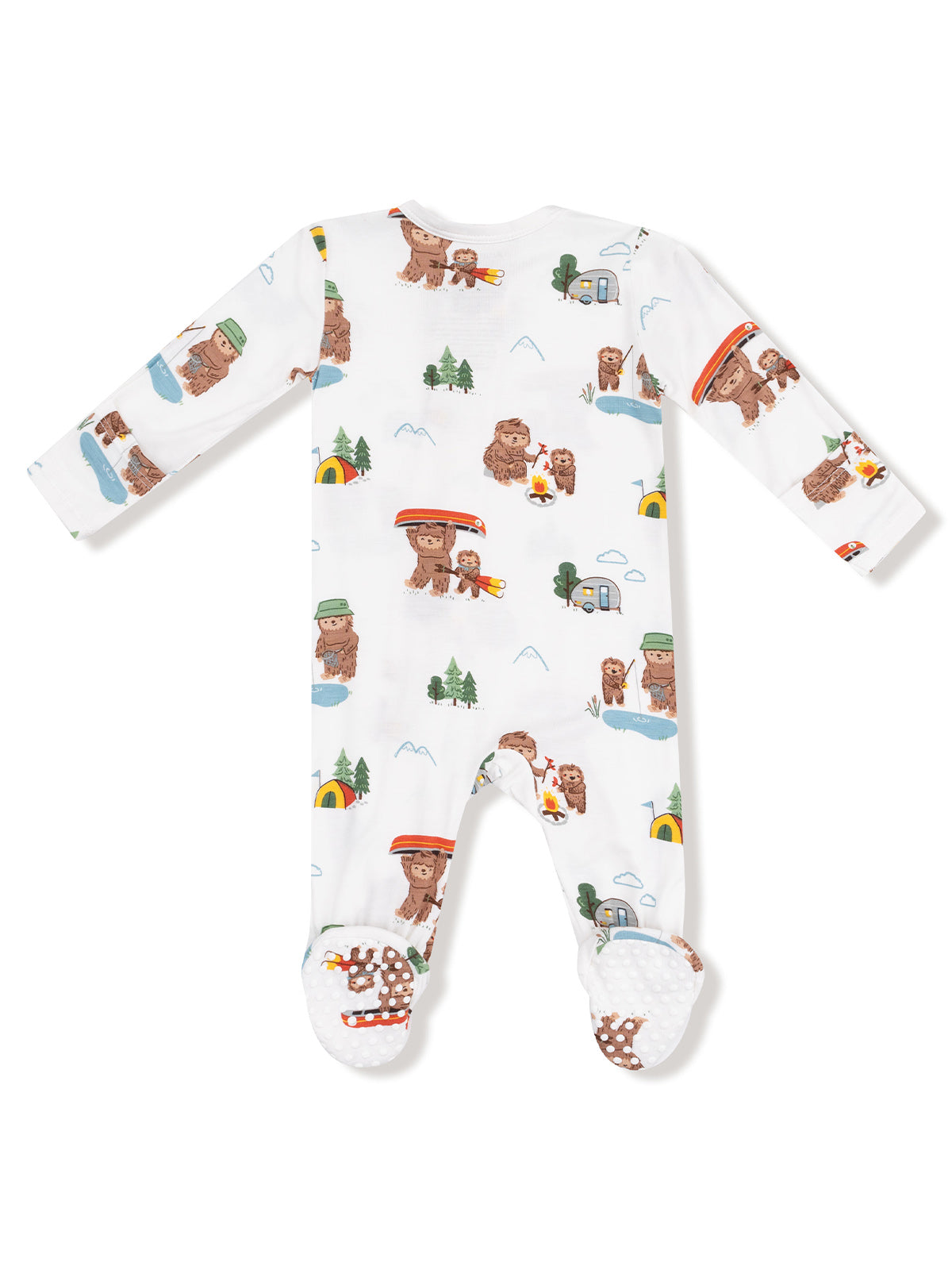 White onesie featuring playful bear designs and camping themes, suitable for infants.