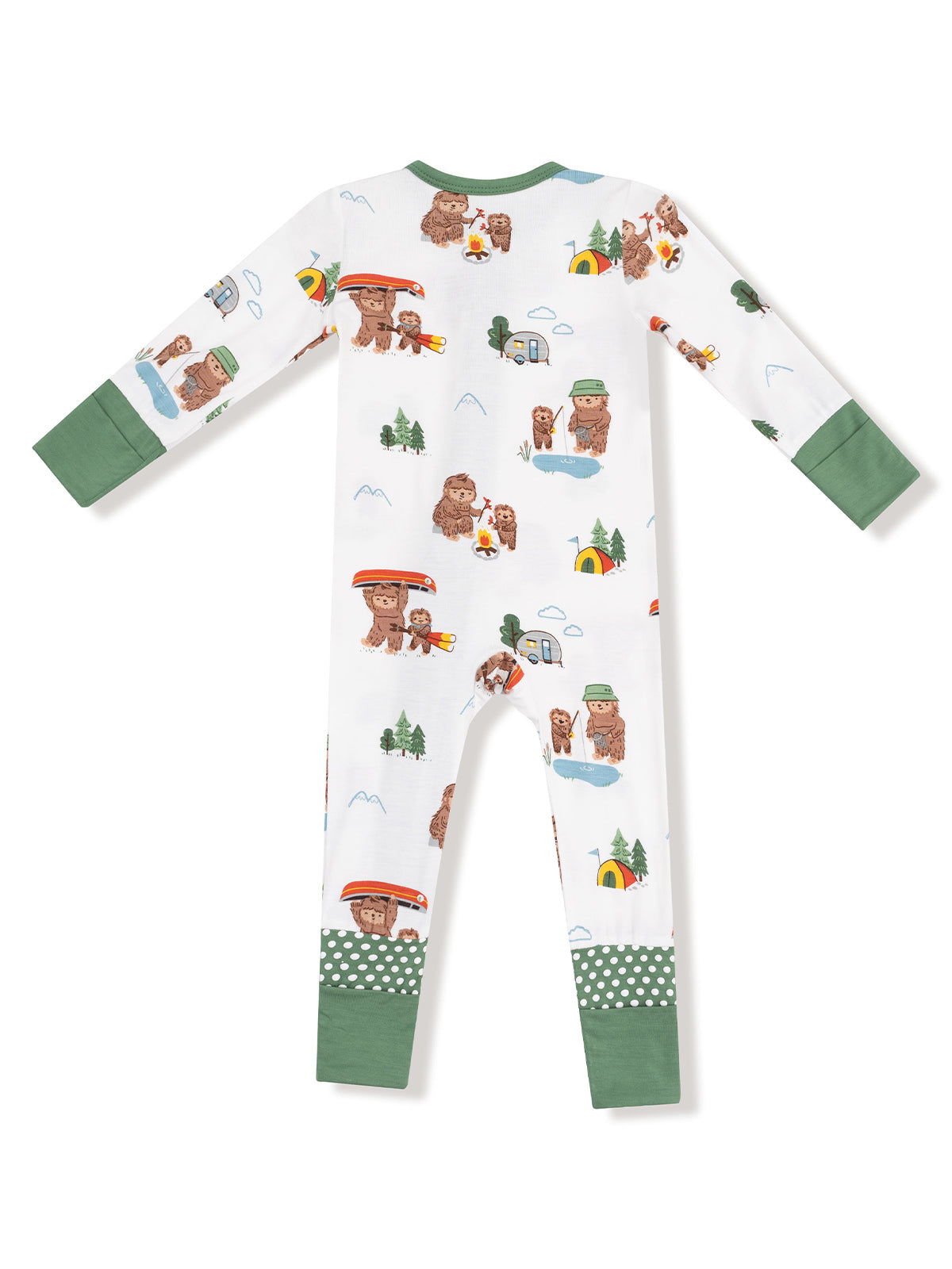 Kids' pajamas featuring a fun camping bear pattern on a white background with green accents.