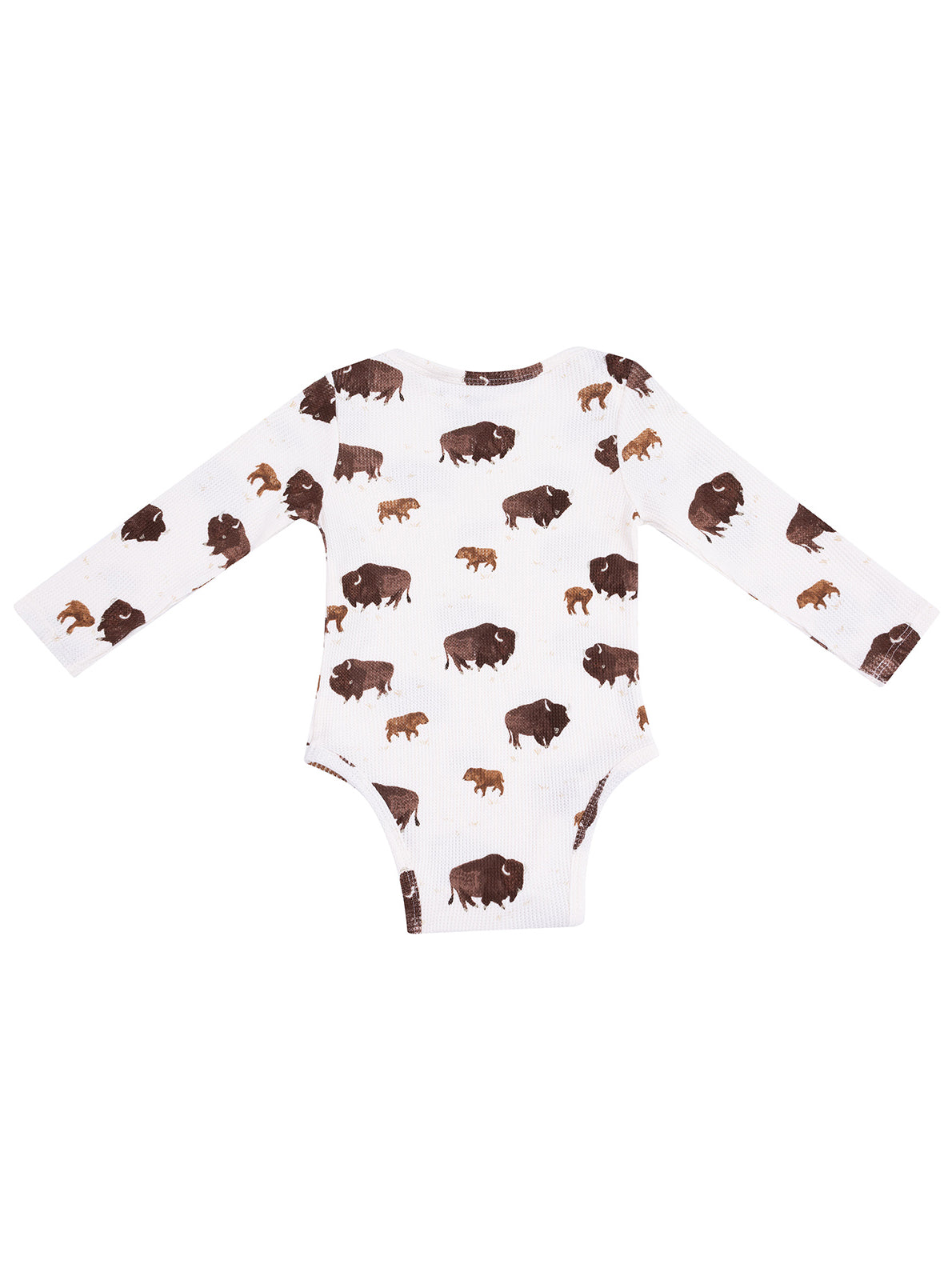 Baby bodysuit with long sleeves featuring a playful buffalo print on a white background.