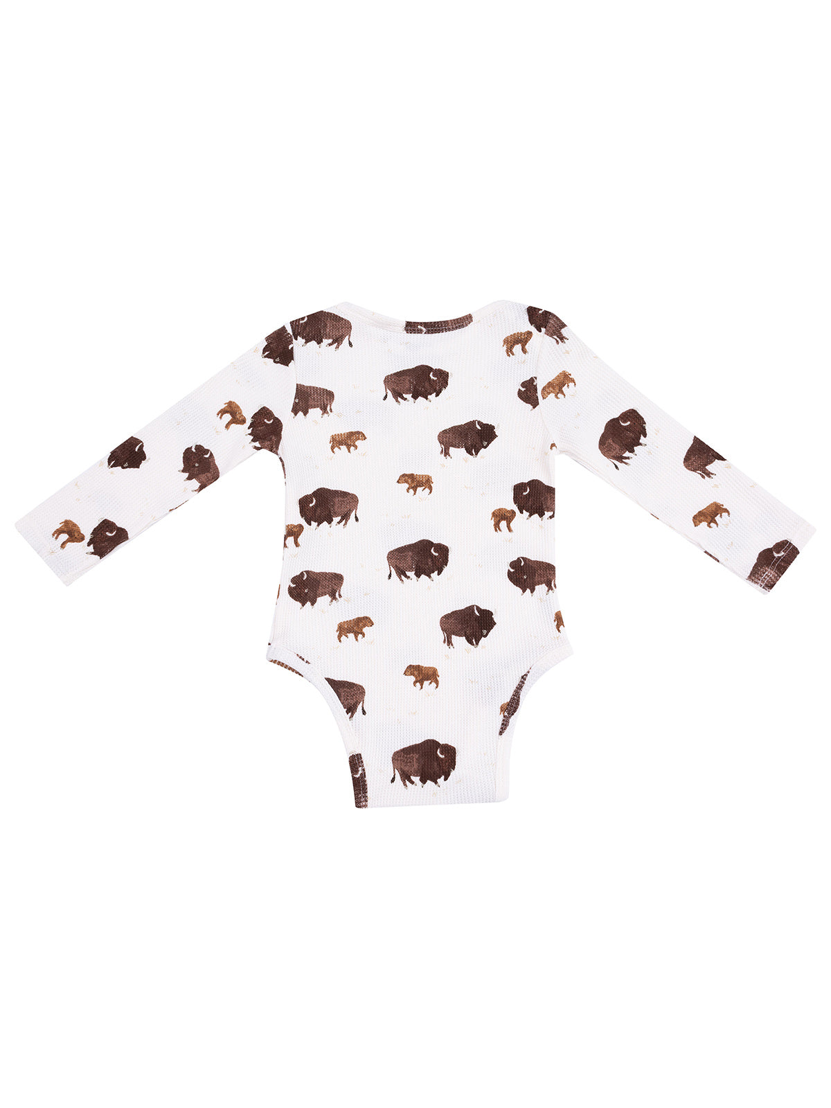 Baby bodysuit with long sleeves featuring a playful buffalo print on a white background.