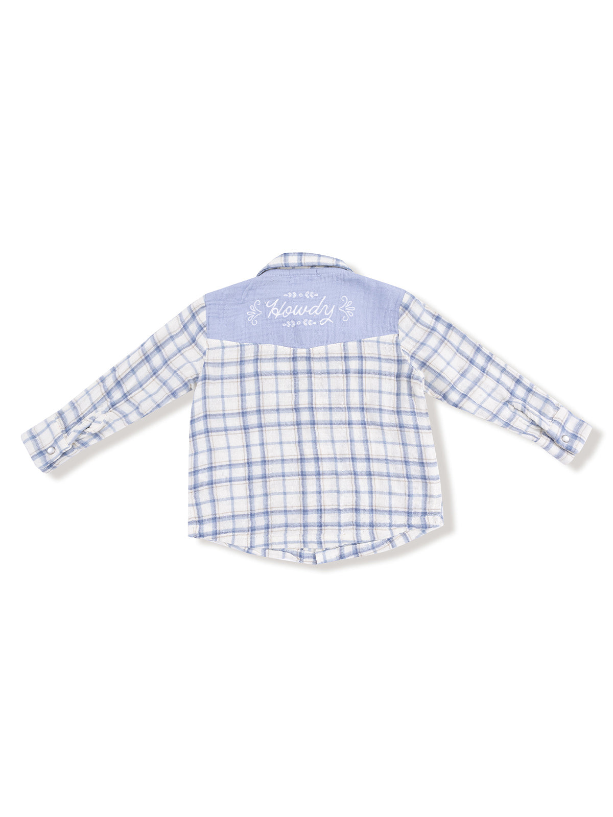 Back view of a blue and white plaid shirt with "Howdy" embroidered on the yoke.