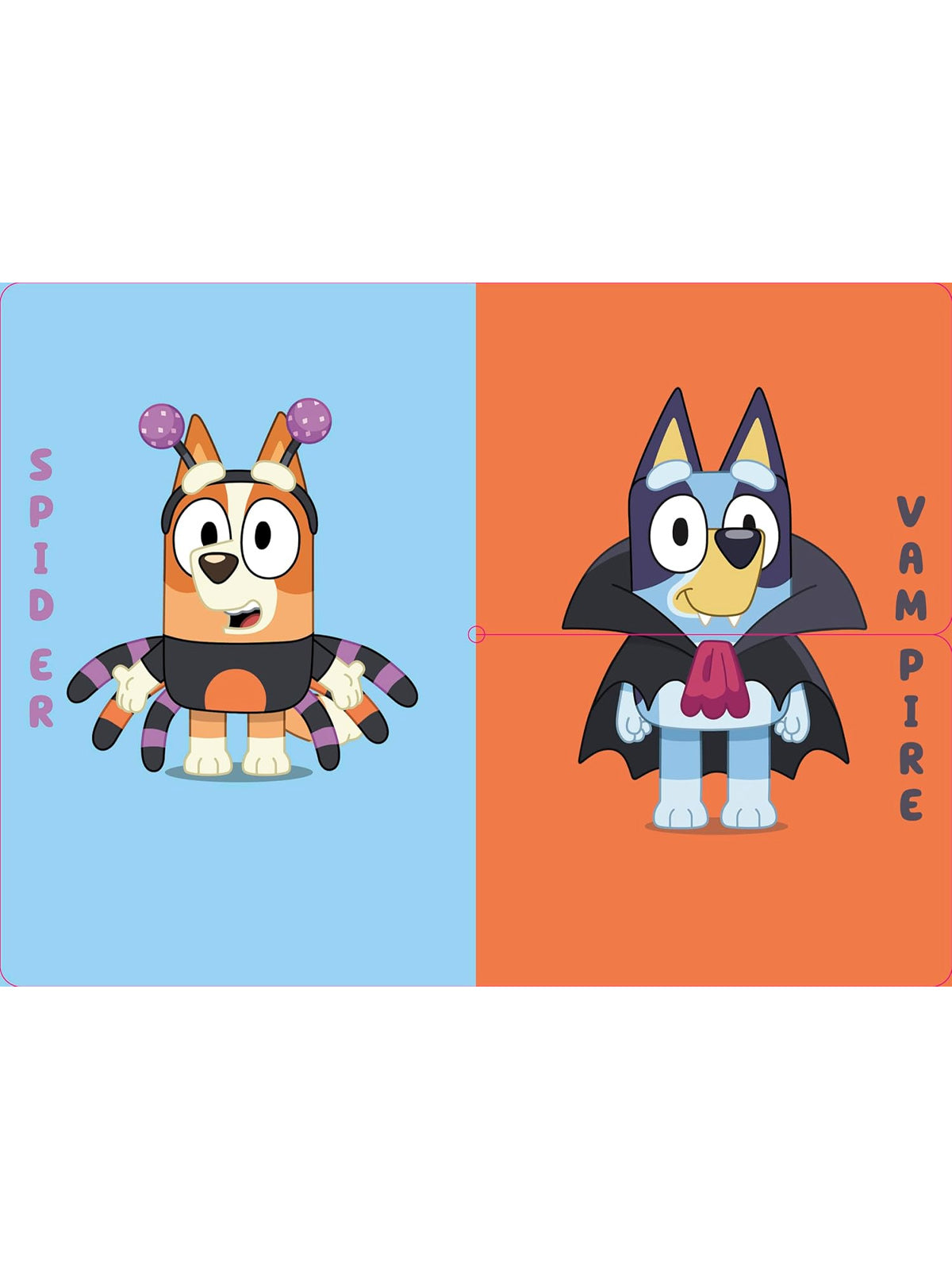 Bluey characters represented as a spider and a vampire on colorful backgrounds, labeled "Spider" and "Vampire."