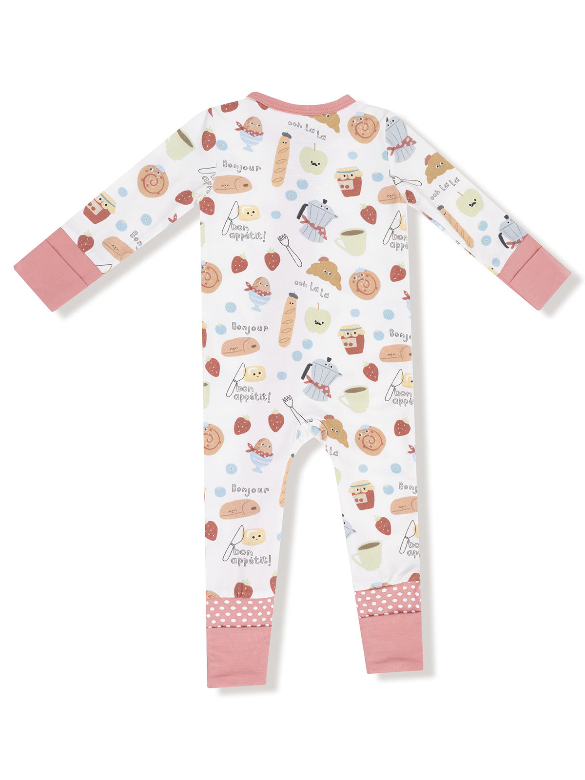 Back view of cute children's pajamas with colorful food-themed illustrations and pink cuffs.