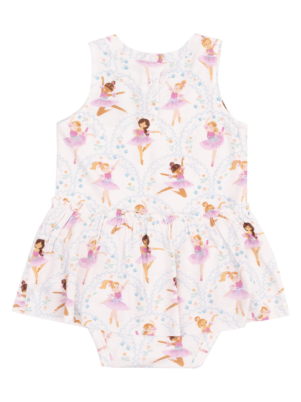 Ballet-themed baby dress featuring dancers in pink tutus on a light background. Perfect for little ballet enthusiasts.